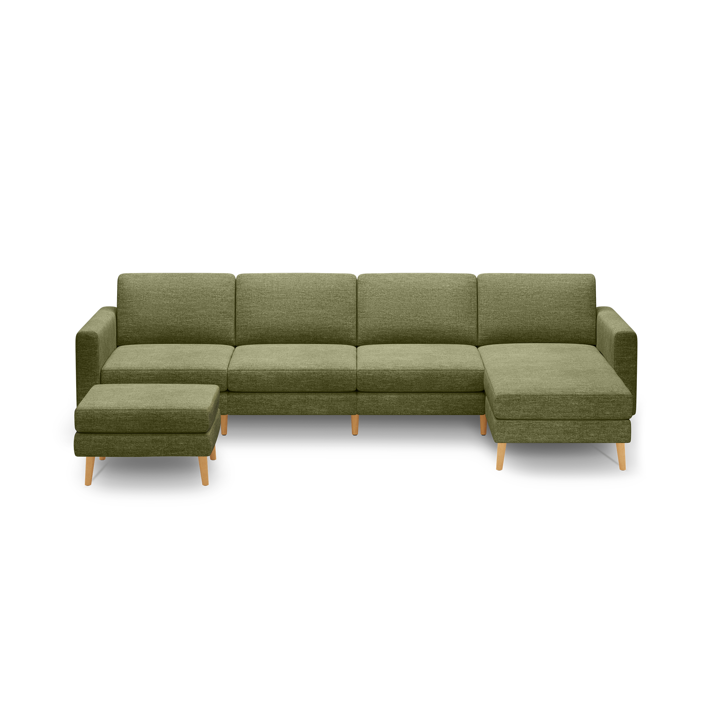 Olive green fabric sectional sofa with wooden legs, featuring a chaise lounge on the right and a matching ottoman on the left.