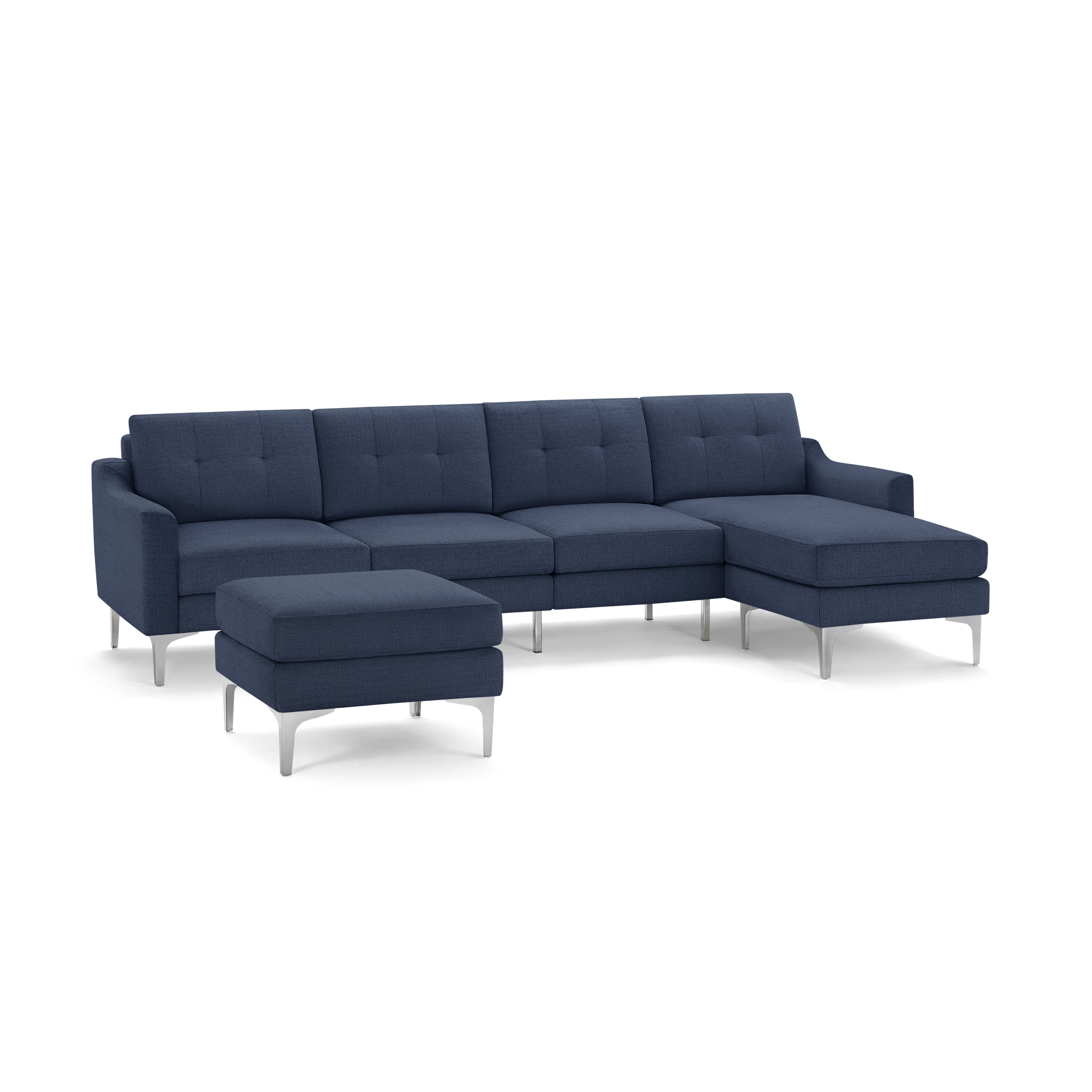 Modern navy blue sectional sofa with tufted cushions, metal legs, and a matching ottoman, designed for living room comfort and style.