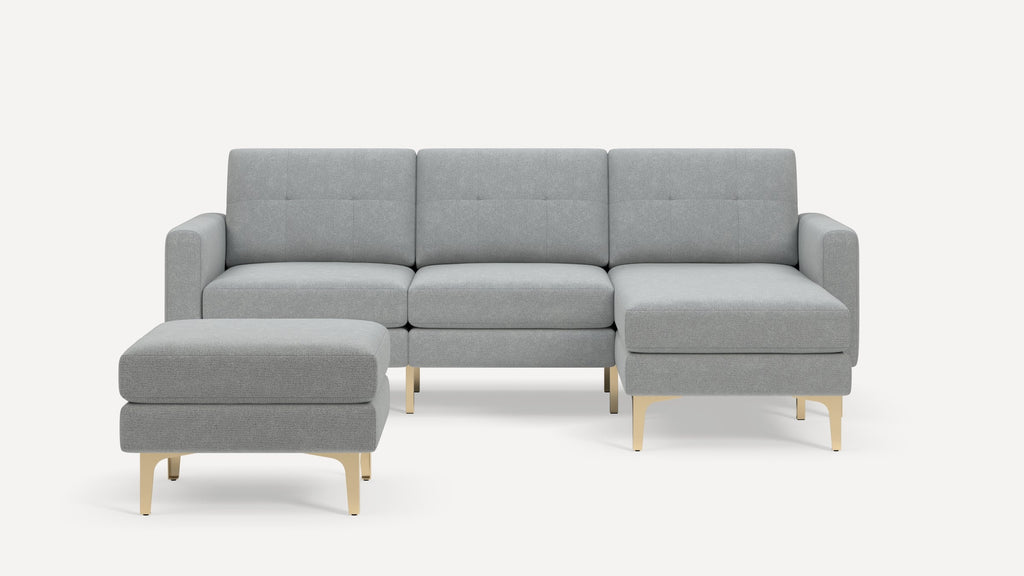 Nomad Plus Sofa Sectional with Ottoman - Crushed Gravel - Performance Chenille / Brass - Metal / Block Arm