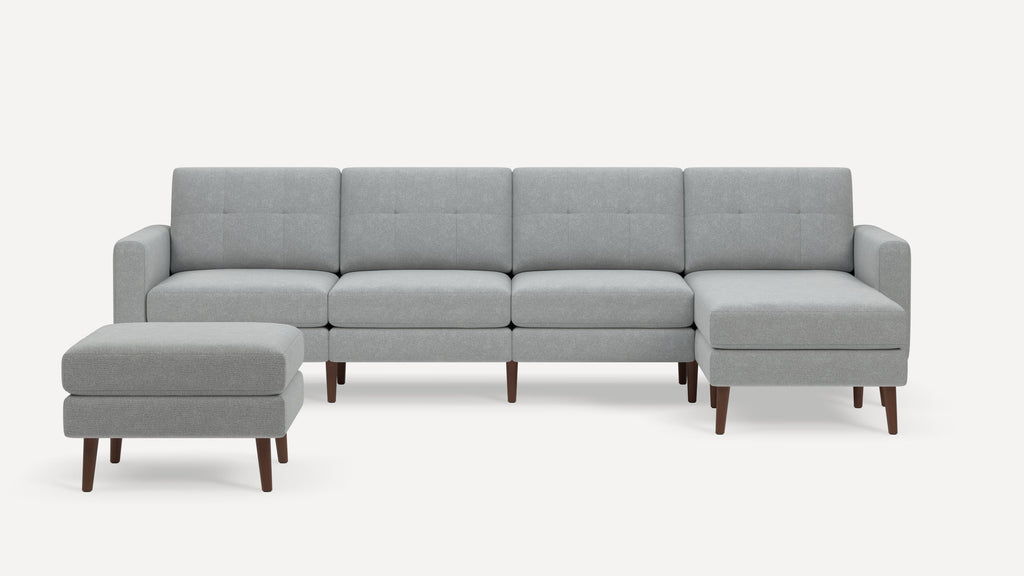 Nomad Plus King Sectional with Ottoman - Crushed Gravel - Performance Chenille / Walnut - Wood / Block Arm