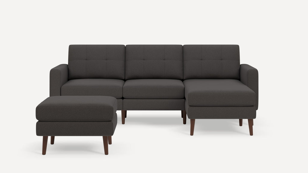 Nomad Plus Sofa Sectional with Ottoman - Heather Charcoal - Performance Chenille / Walnut - Wood / Block Arm