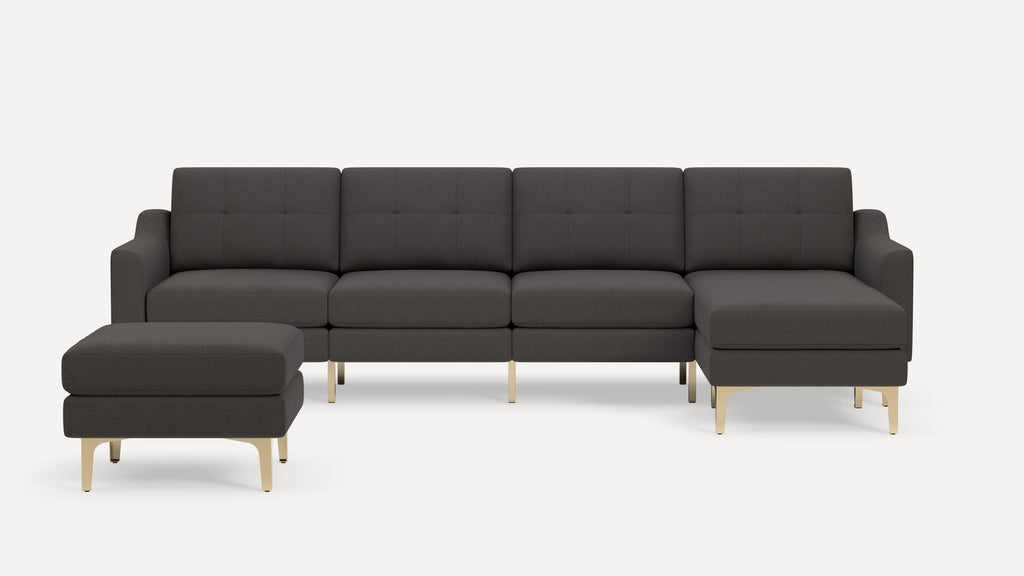 Nomad Plus King Sectional with Ottoman - Heather Charcoal - Performance Chenille / Brass - Metal / Slope Arm