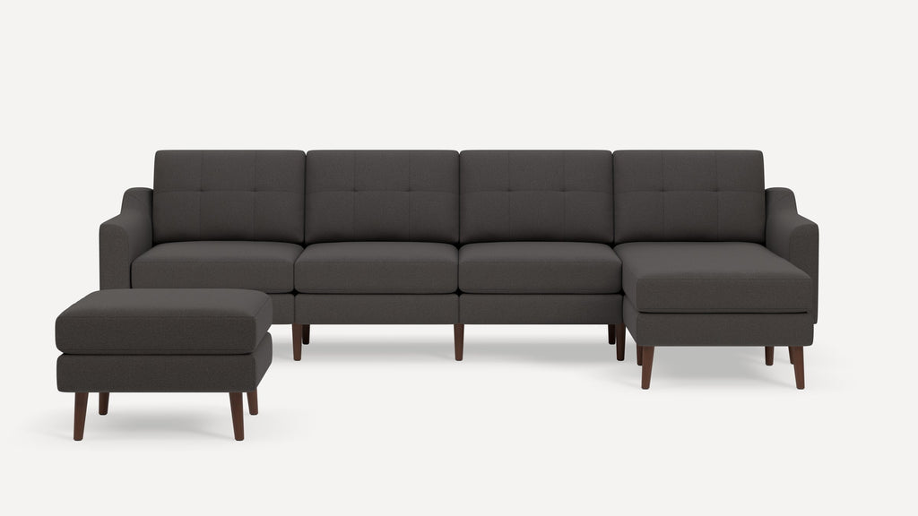 Nomad Plus King Sectional with Ottoman - Heather Charcoal - Performance Chenille / Walnut - Wood / Slope Arm