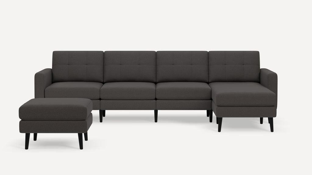 Nomad Plus King Sectional with Ottoman - Heather Charcoal - Performance Chenille / Ebony - Wood / Block Arm