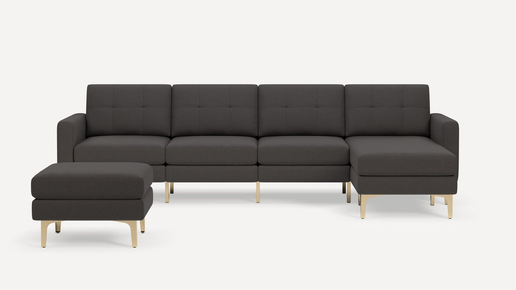 Nomad Plus King Sectional with Ottoman - Heather Charcoal - Performance Chenille / Brass - Metal / Block Arm