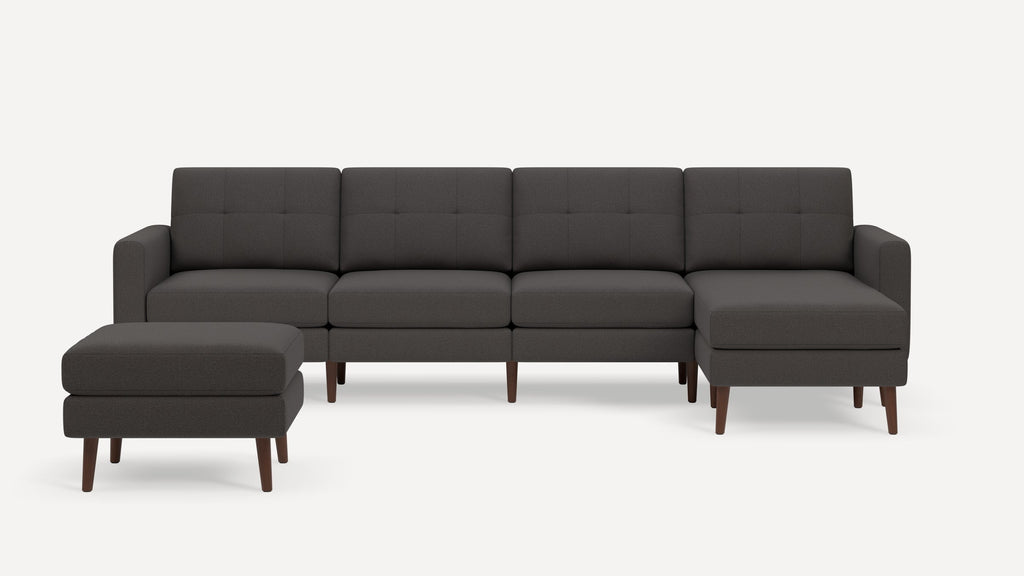 Nomad Plus King Sectional with Ottoman - Heather Charcoal - Performance Chenille / Walnut - Wood / Block Arm