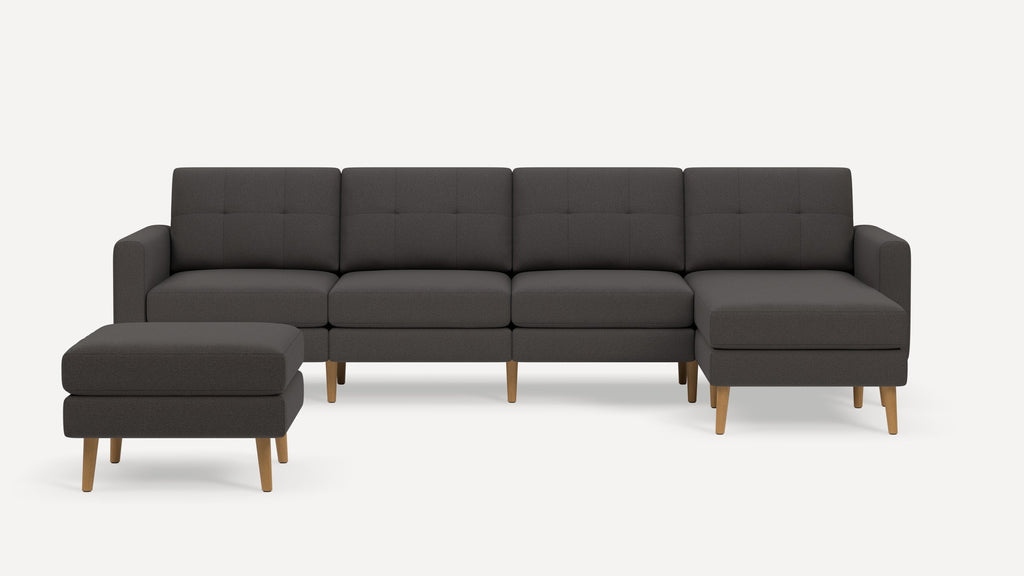 Nomad Plus King Sectional with Ottoman - Heather Charcoal - Performance Chenille / Oak - Wood / Block Arm
