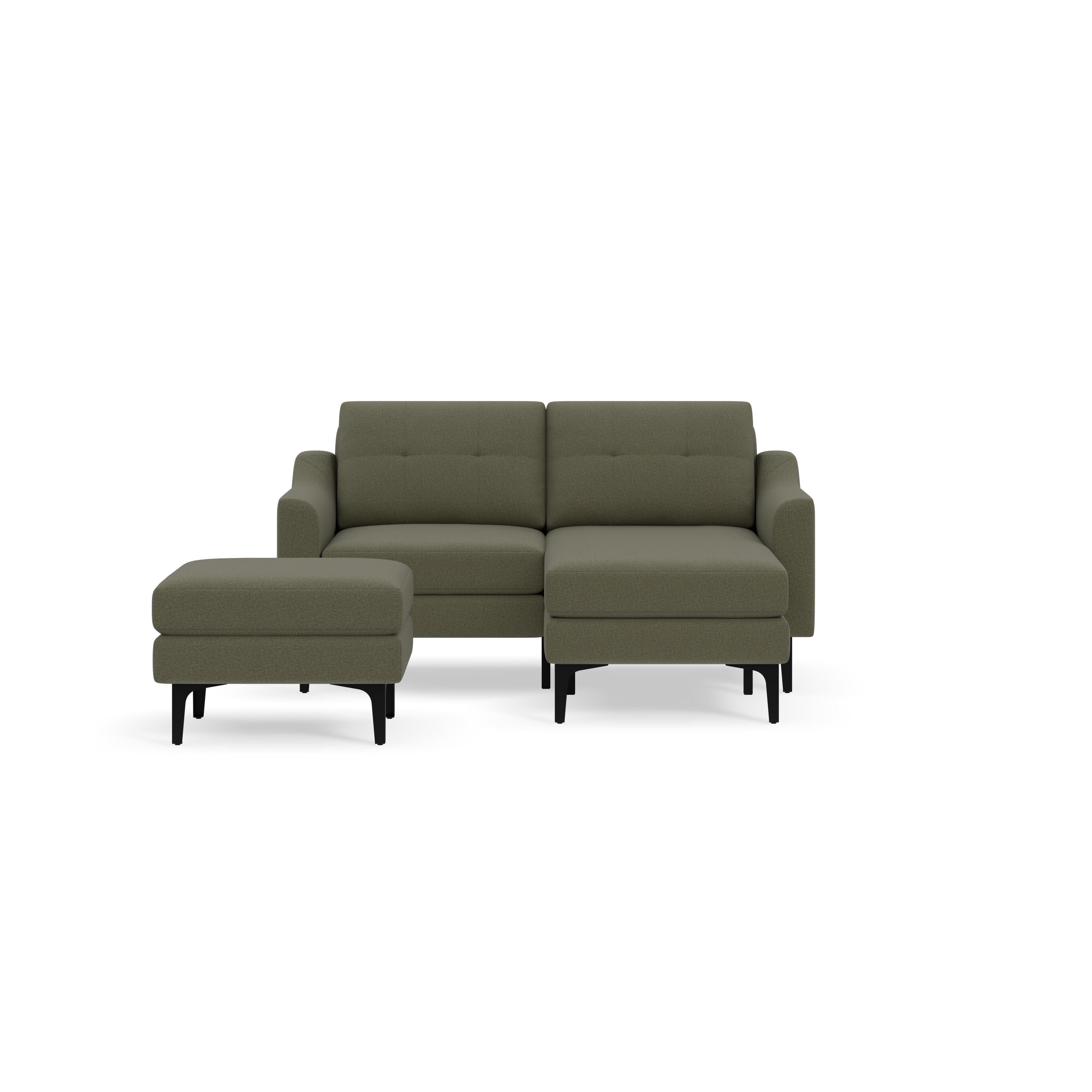 Modern Moss green fabric sectional sofa with tufted back cushions and separate ottoman, supported by black metal legs.