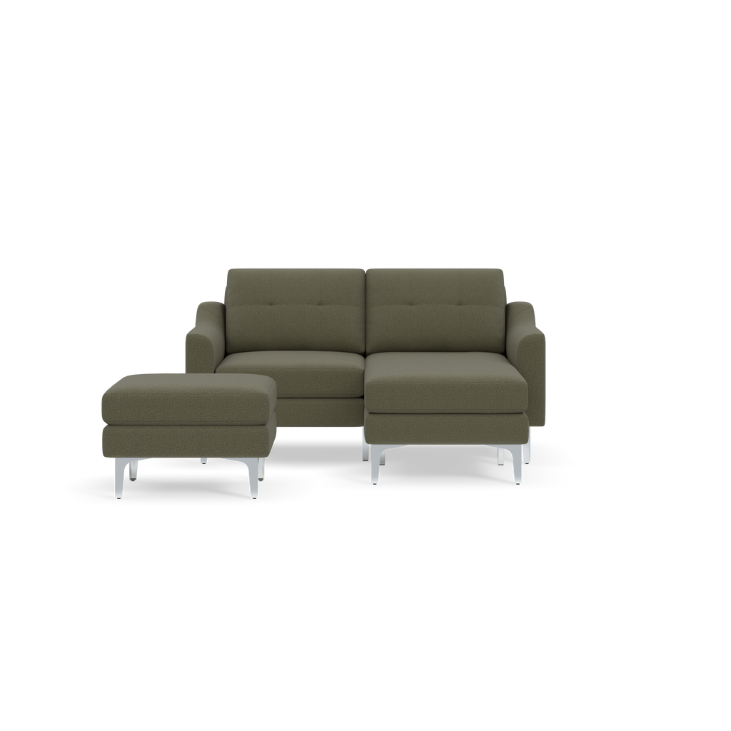 Modern Moss green fabric sectional sofa with chrome legs, featuring a chaise lounge and a matching ottoman.