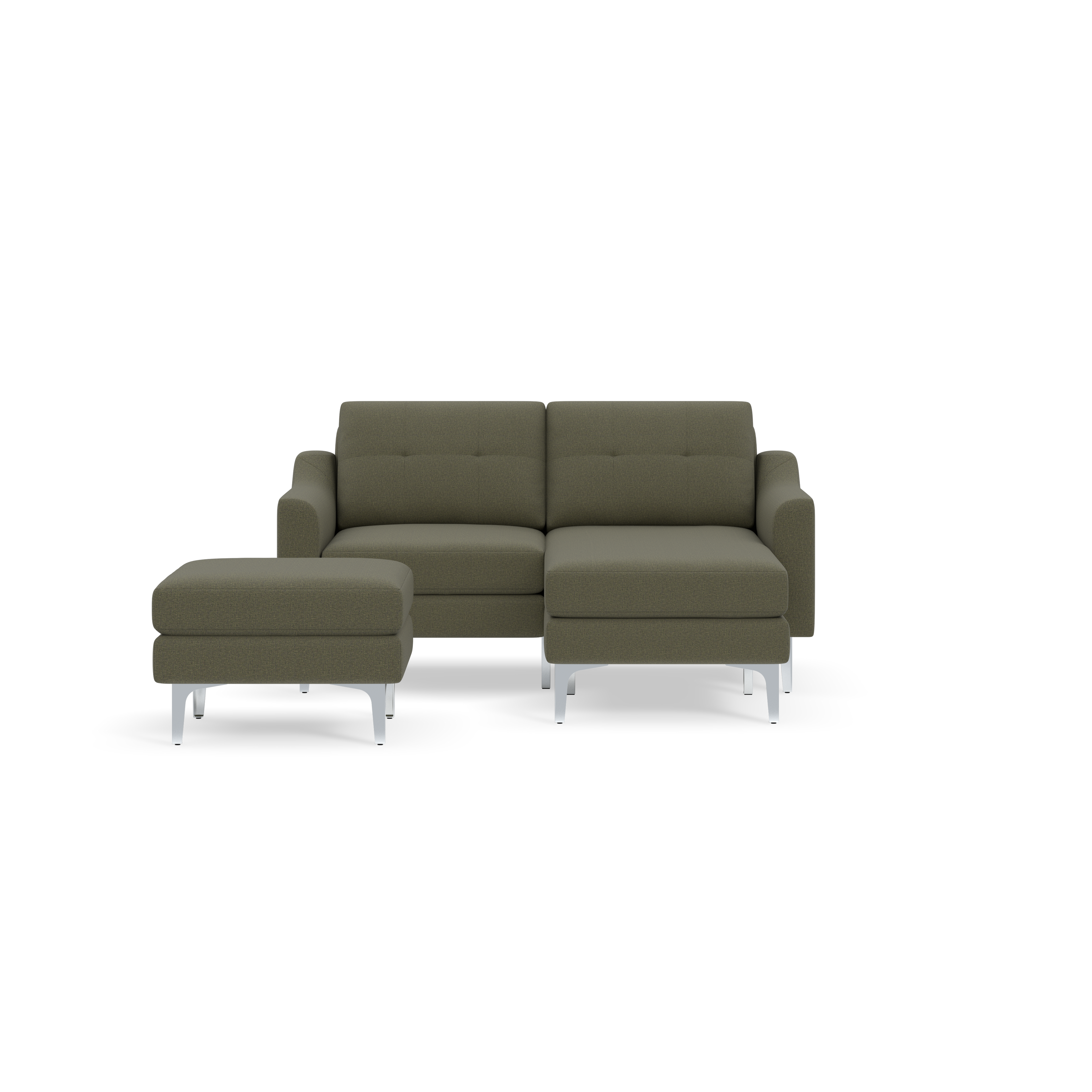 Modern Moss green fabric sectional sofa with chrome legs, featuring a chaise lounge and a matching ottoman.