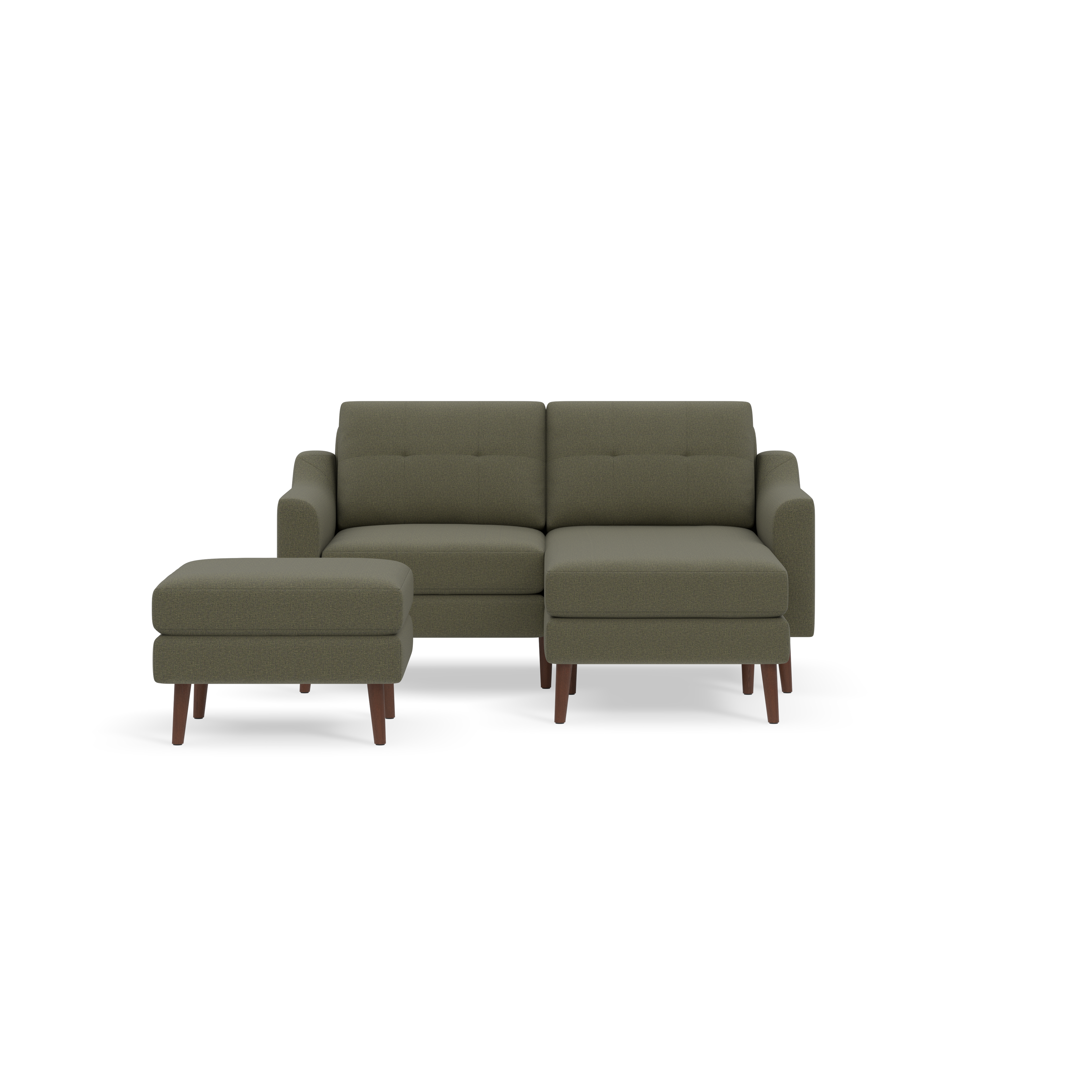 Compact Moss green sectional sofa and matching ottoman with wooden legs, featuring cushioned seats and tufted backrests.