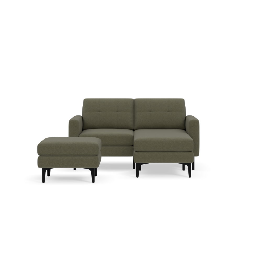 Modern Moss green fabric two-seater sofa with a matching ottoman, featuring black legs and a minimalist design.