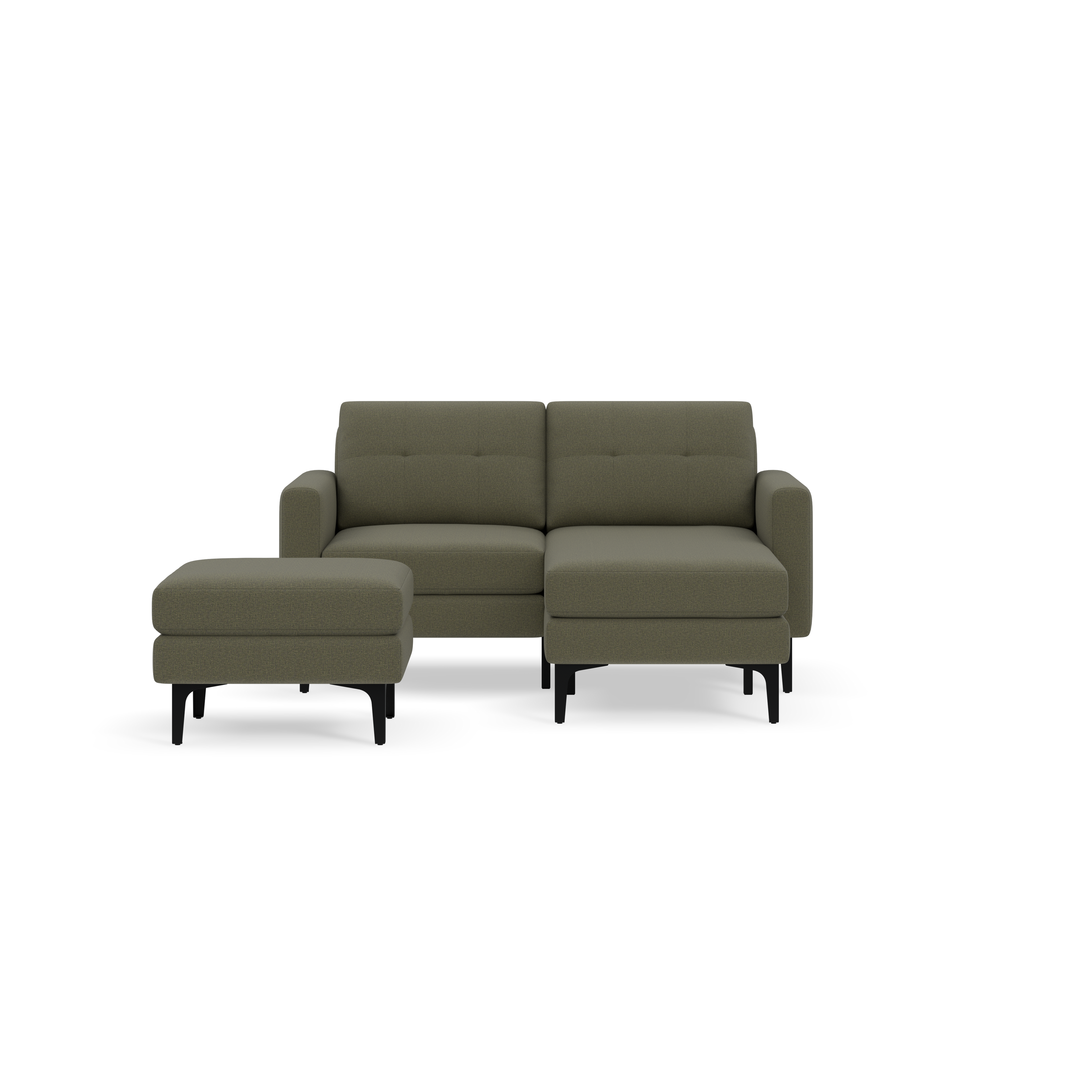 Modern Moss green fabric two-seater sofa with a matching ottoman, featuring black legs and a minimalist design.