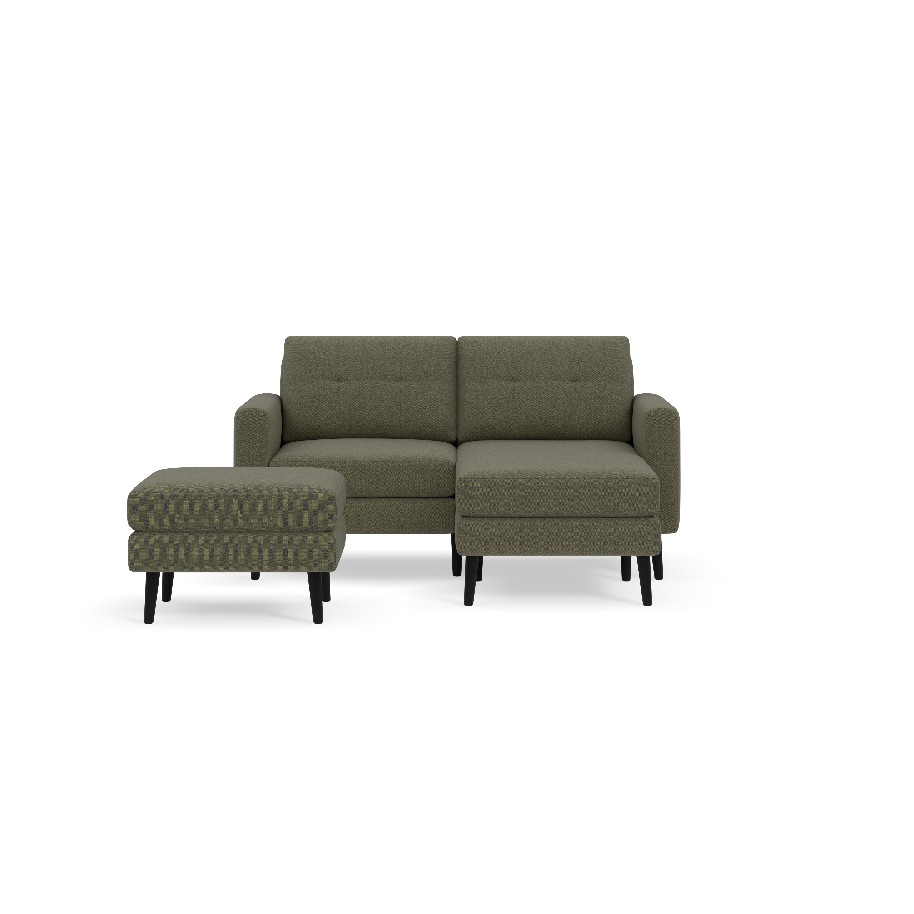 Moss green sectional sofa with a matching ottoman, featuring cushioned seats and black tapered legs, set against black background.