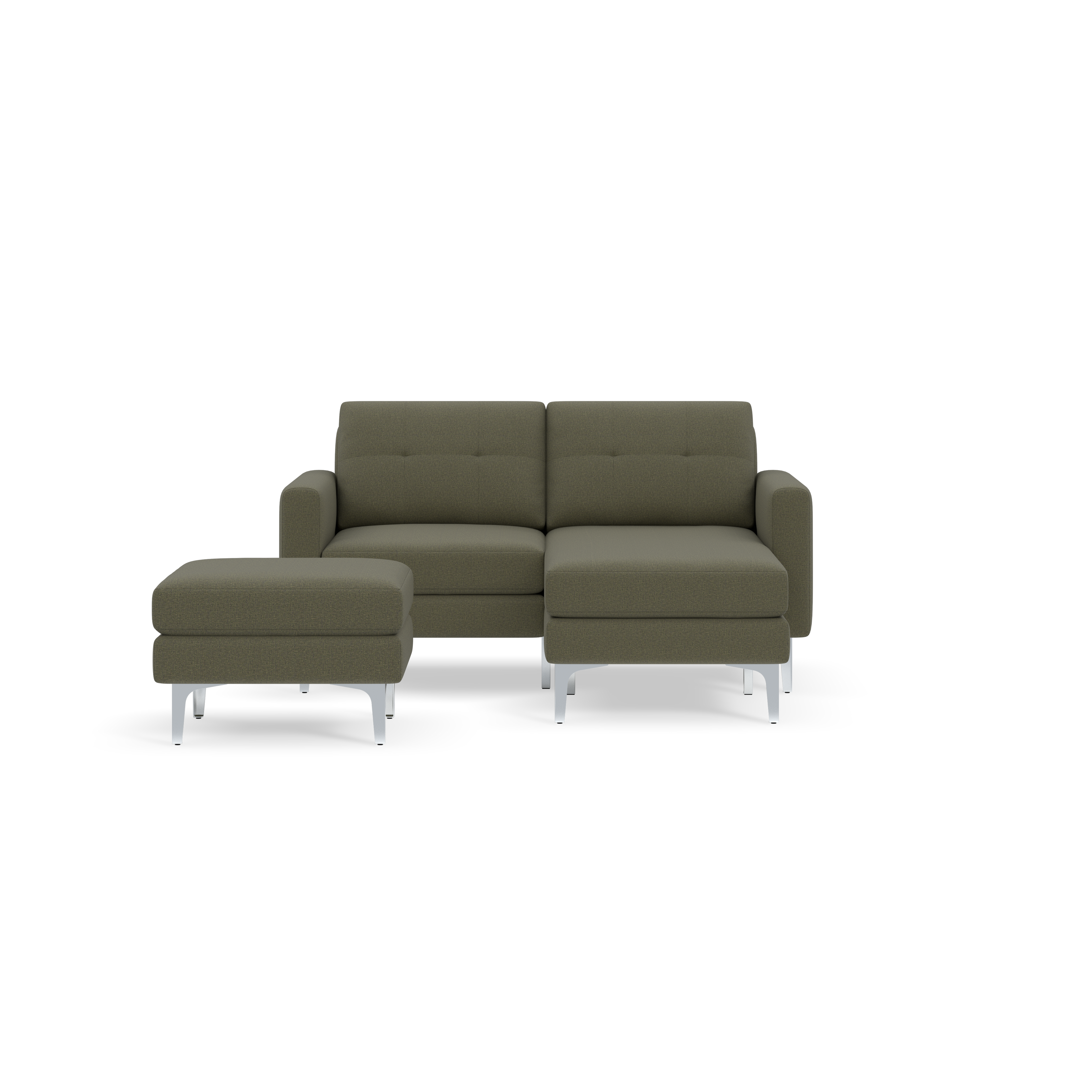 Modern Moss green sectional sofa with metal legs and matching ottoman on black background.