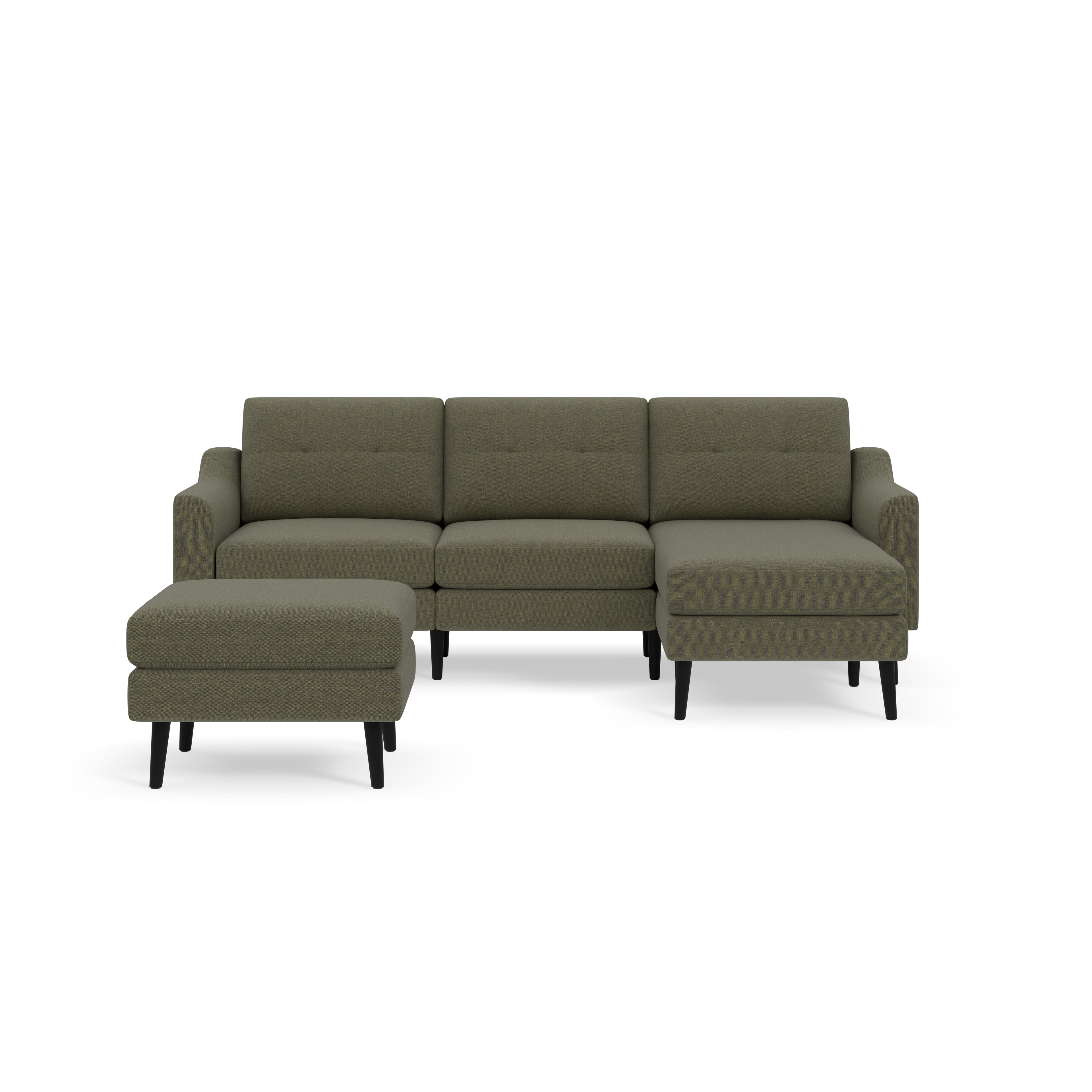 Modern Moss green sectional sofa with chaise and matching ottoman, featuring tufted cushions and black legs.