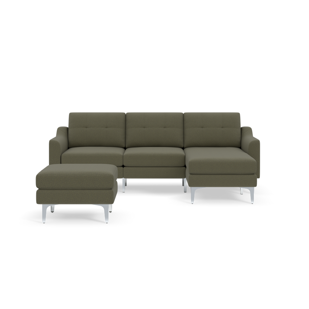 Modern olive-green sectional sofa with three seats, left-side ottoman, sleek metal legs, and tufted back cushions.