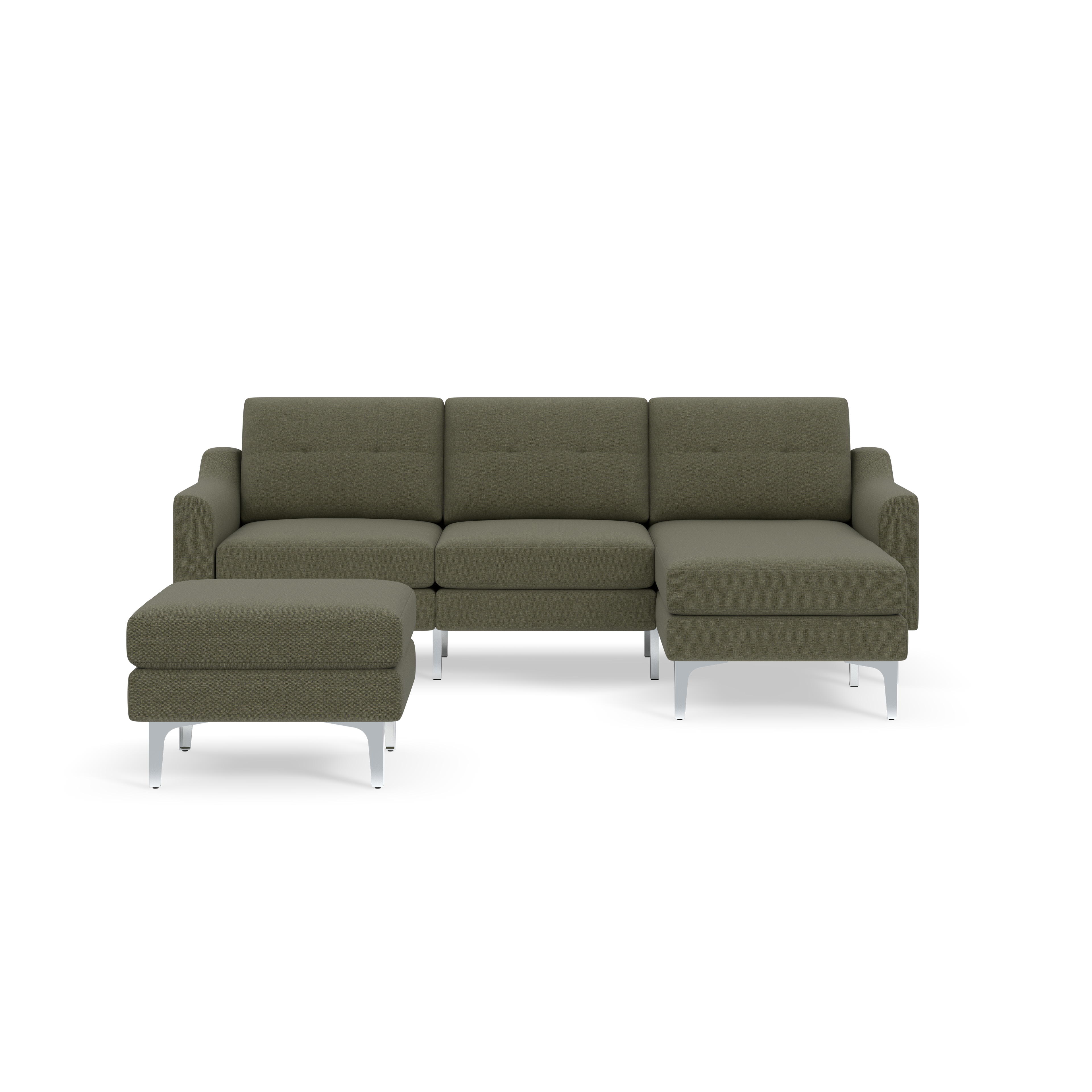 Modern olive-green sectional sofa with three seats, left-side ottoman, sleek metal legs, and tufted back cushions.