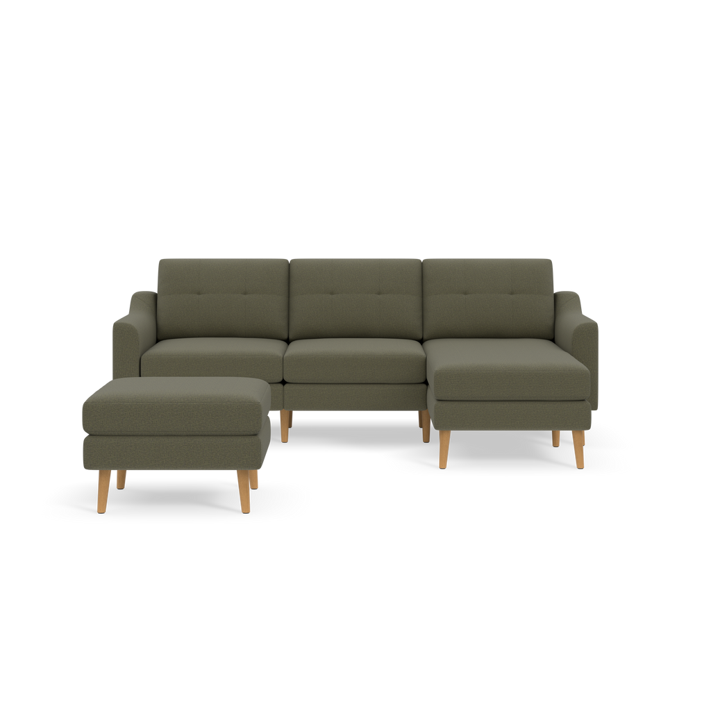 Modern Moss green sectional sofa with wooden tapered legs and a matching ottoman, featuring clean lines and tufted back cushions.
