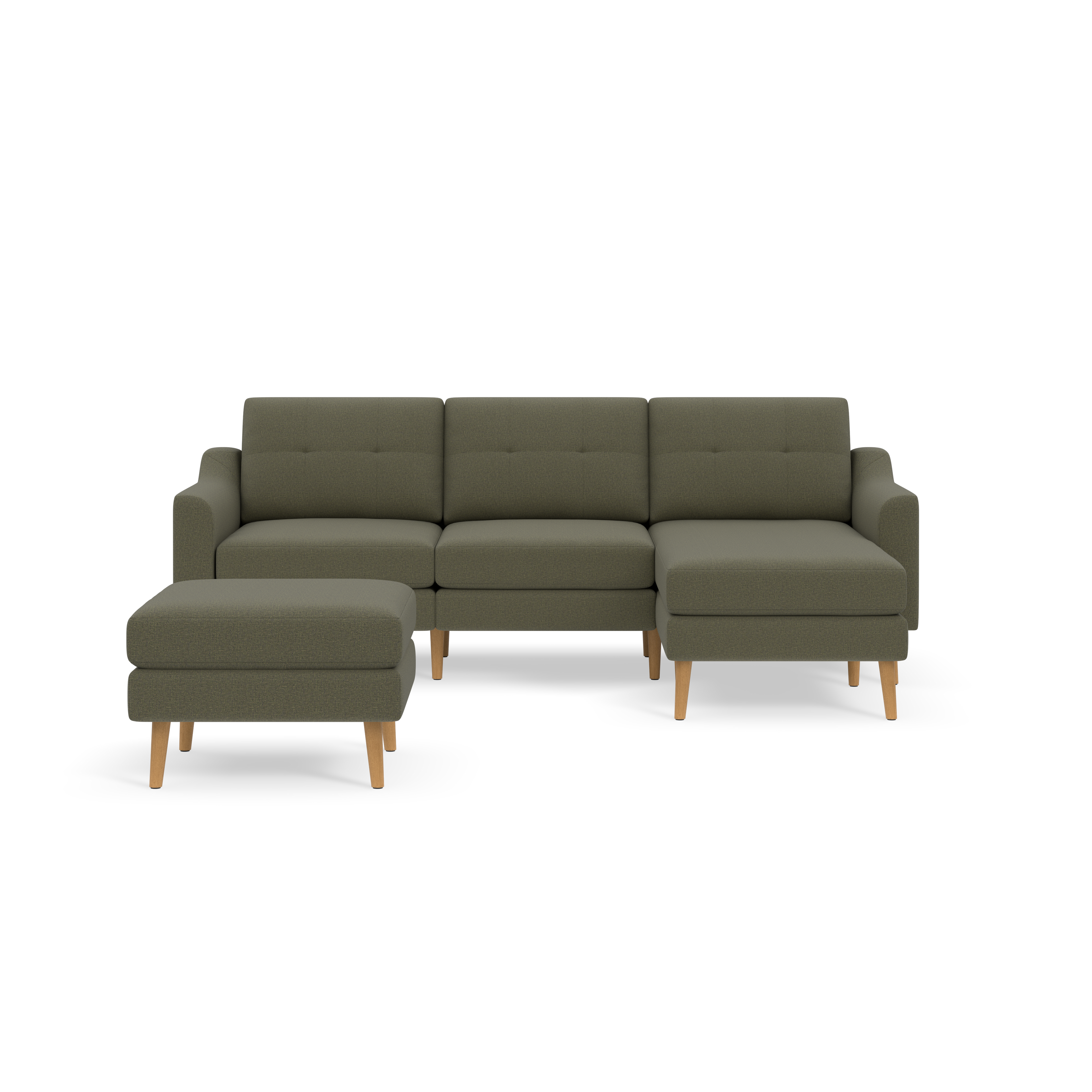 Modern Moss green sectional sofa with wooden tapered legs and a matching ottoman, featuring clean lines and tufted back cushions.
