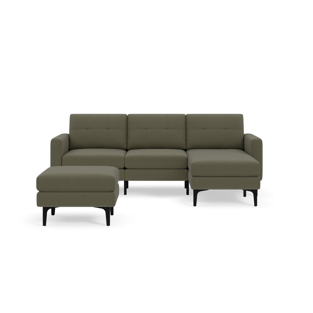 Modern Moss green sectional sofa with tufted back cushions and separate ottoman, supported by black metal legs.