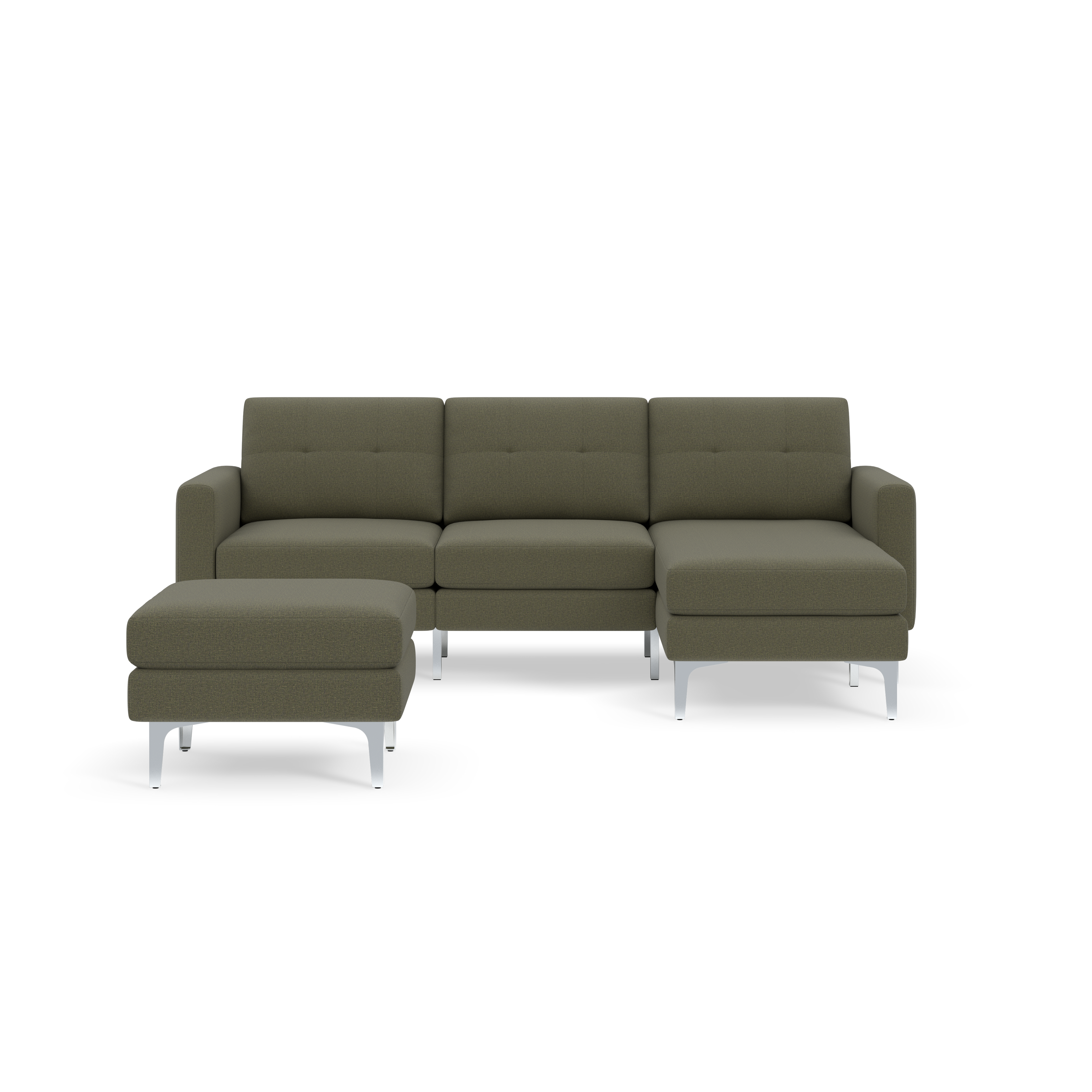 Modern Moss green sectional sofa with tufted cushions, metal legs, and a matching ottoman on a black background.