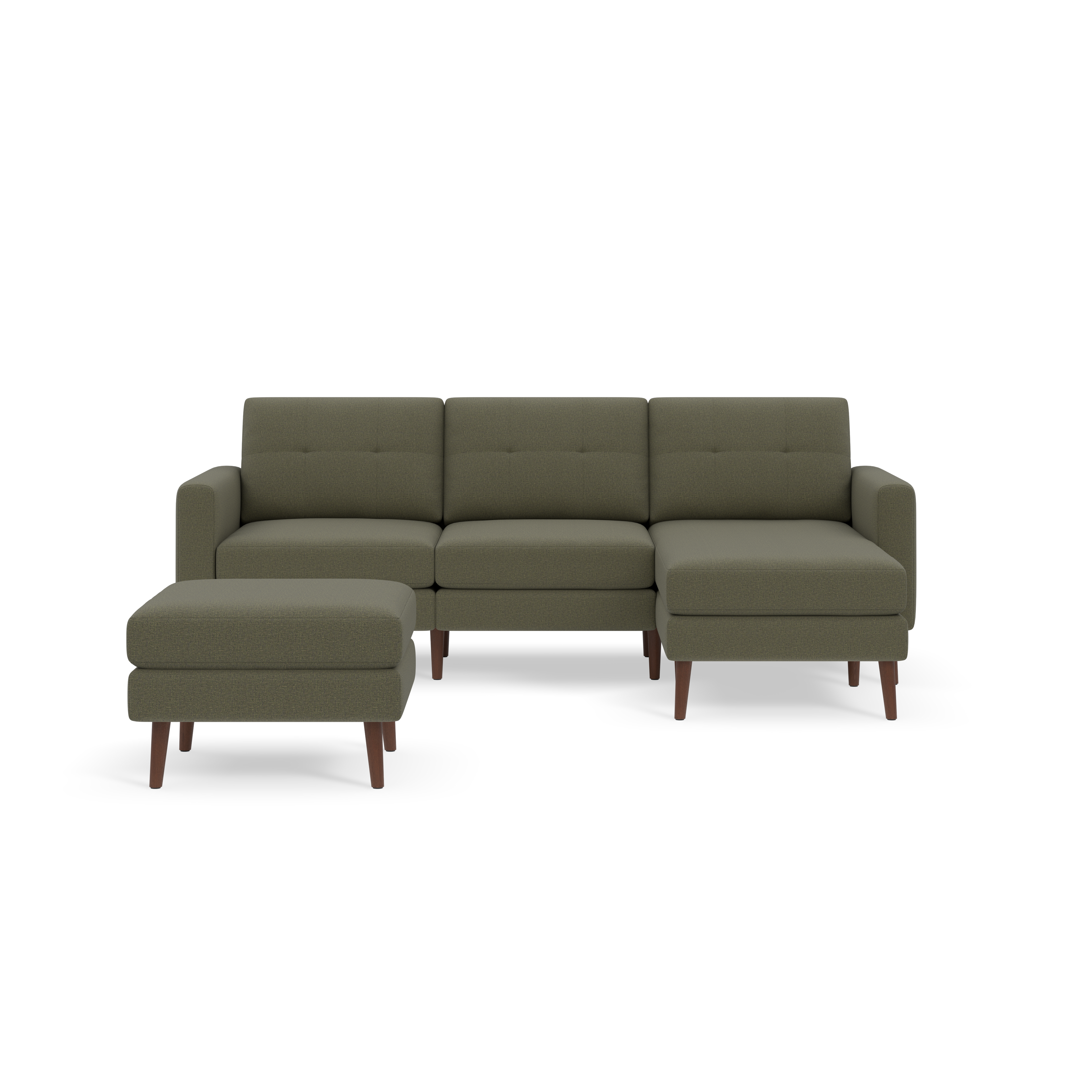 Mid-century modern Moss green fabric sectional sofa with separate ottoman and wooden tapered legs against a black background.