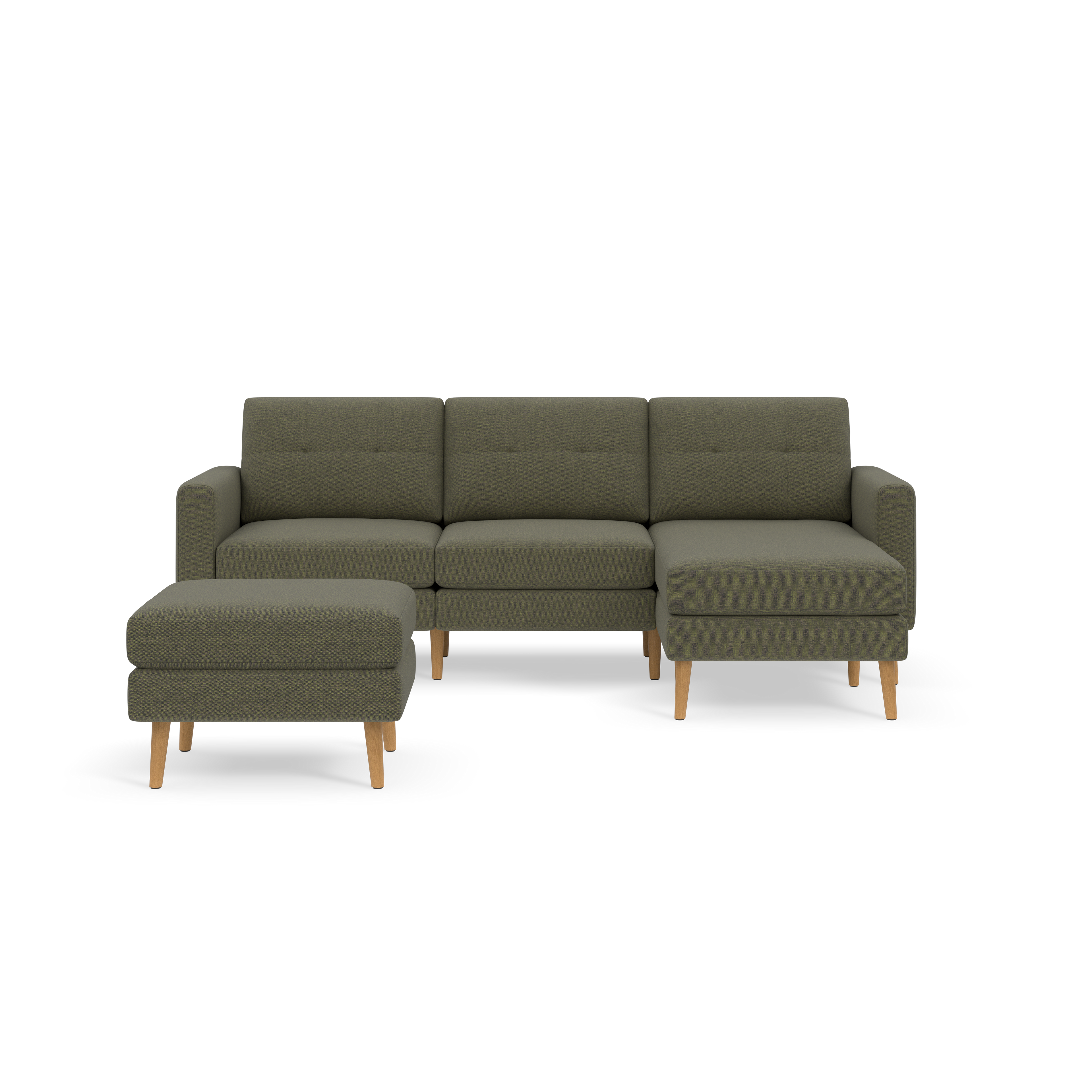 Modern Moss green fabric sectional sofa with tufted back cushions and matching ottoman, supported by light wooden legs.