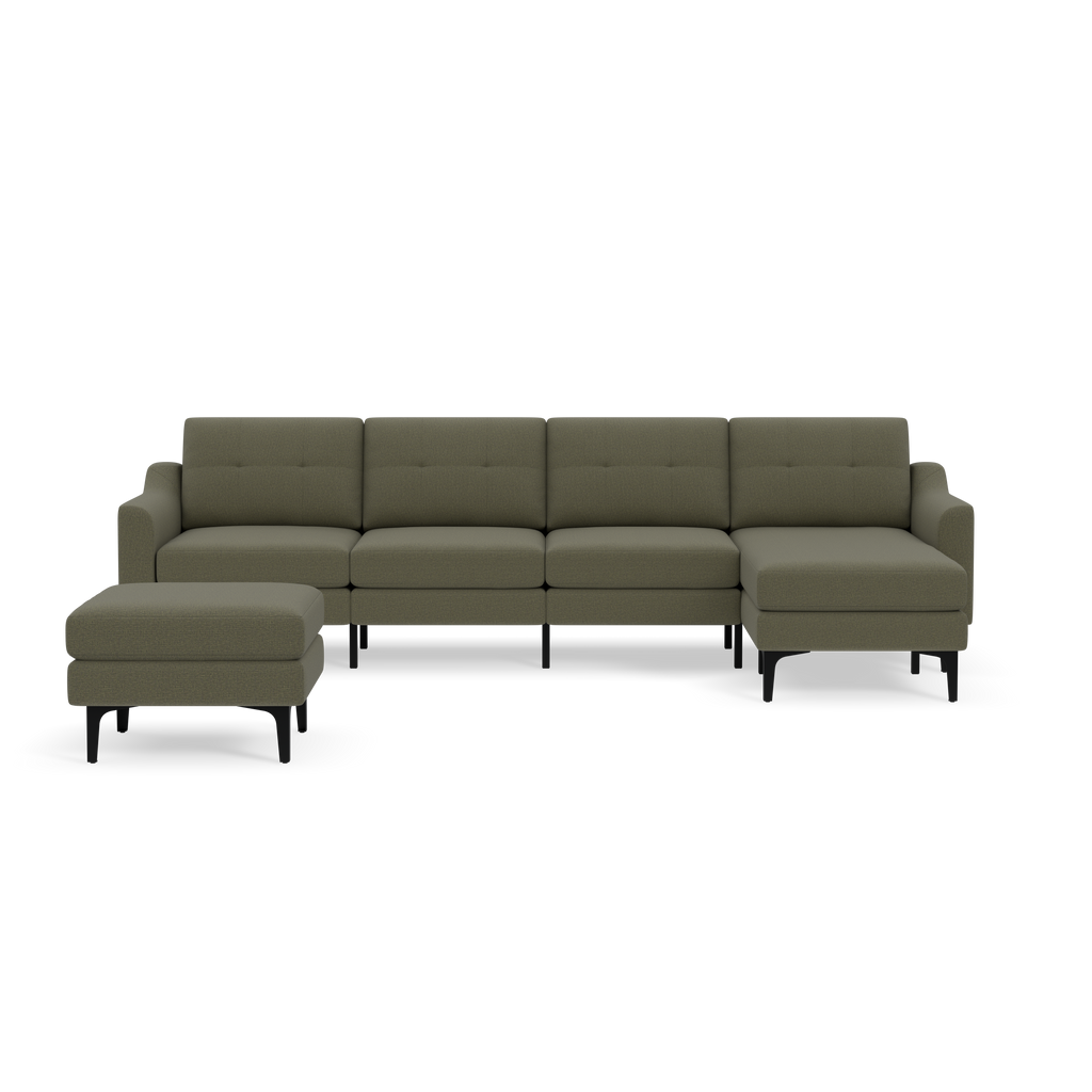 Modern Moss green sectional sofa with tufted cushions, right chaise, and matching ottoman on black legs.