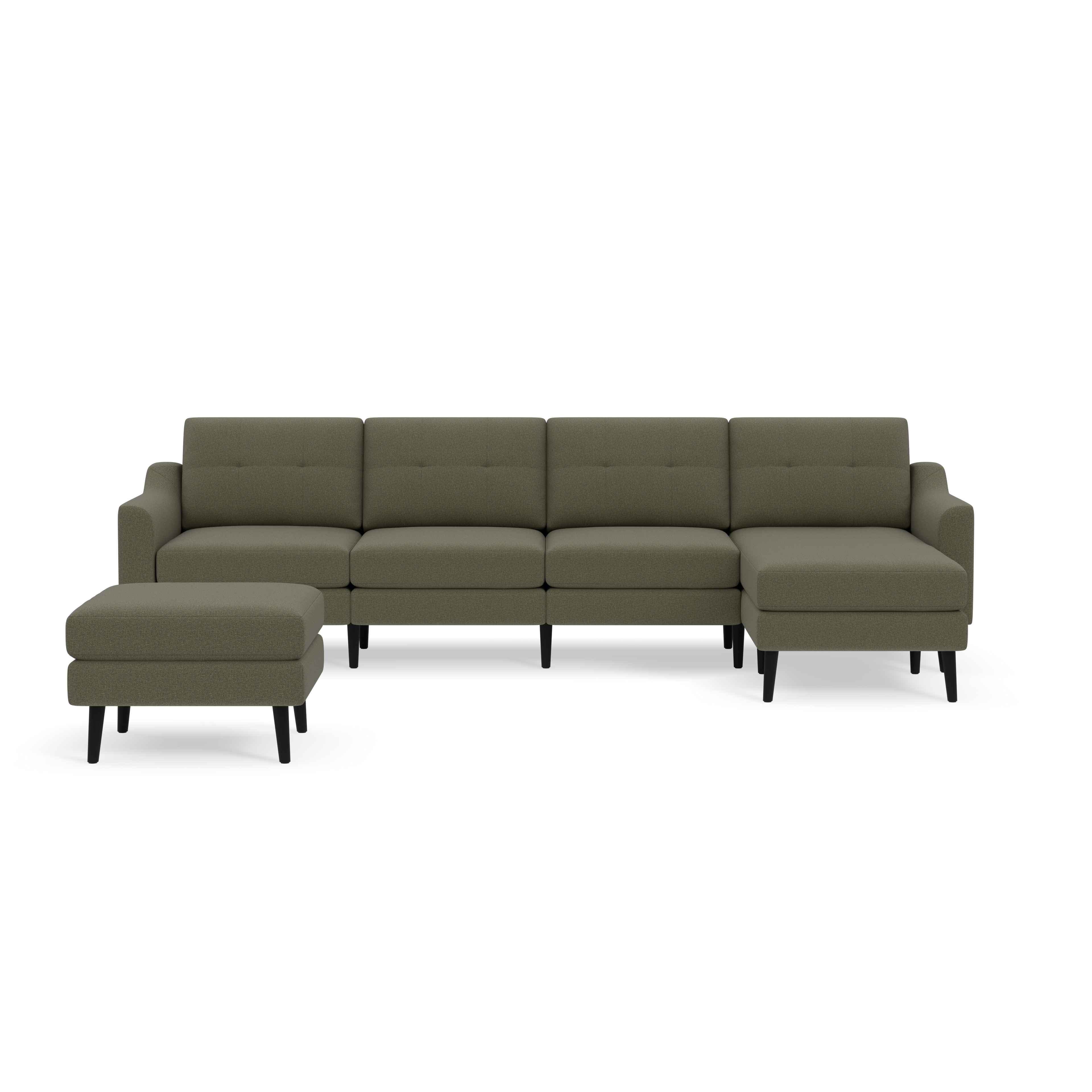 Modern Moss green sectional sofa with tufted back cushions, right chaise, and matching ottoman on black wooden legs.