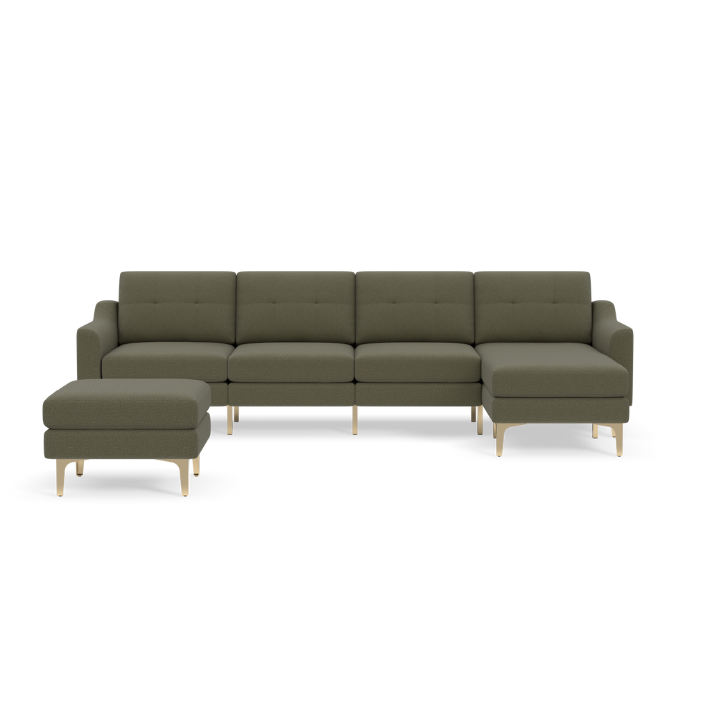 Modern Moss green sectional sofa with tufted cushions, wooden legs, and matching ottoman on black background.