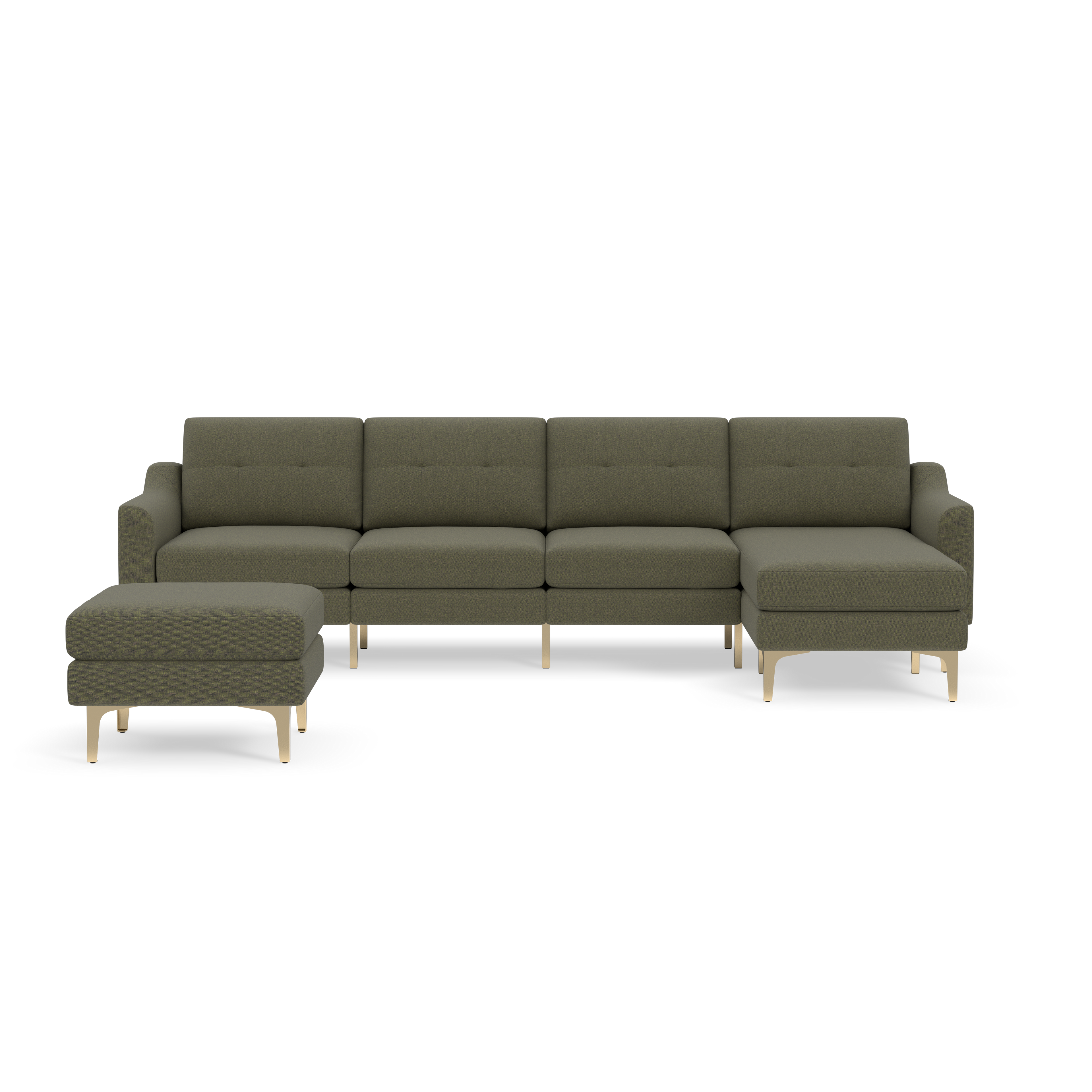 Modern Moss green sectional sofa with tufted cushions, wooden legs, and matching ottoman on black background.