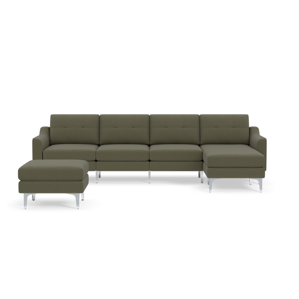 L-shaped sectional sofa in Moss green fabric, featuring clean lines, tufted cushions, silver metal legs, and a matching ottoman.
