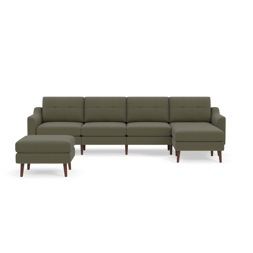Moss green sectional sofa with four seats, tufted backrests, one armrest on each side, and a matching ottoman, all with wooden legs.