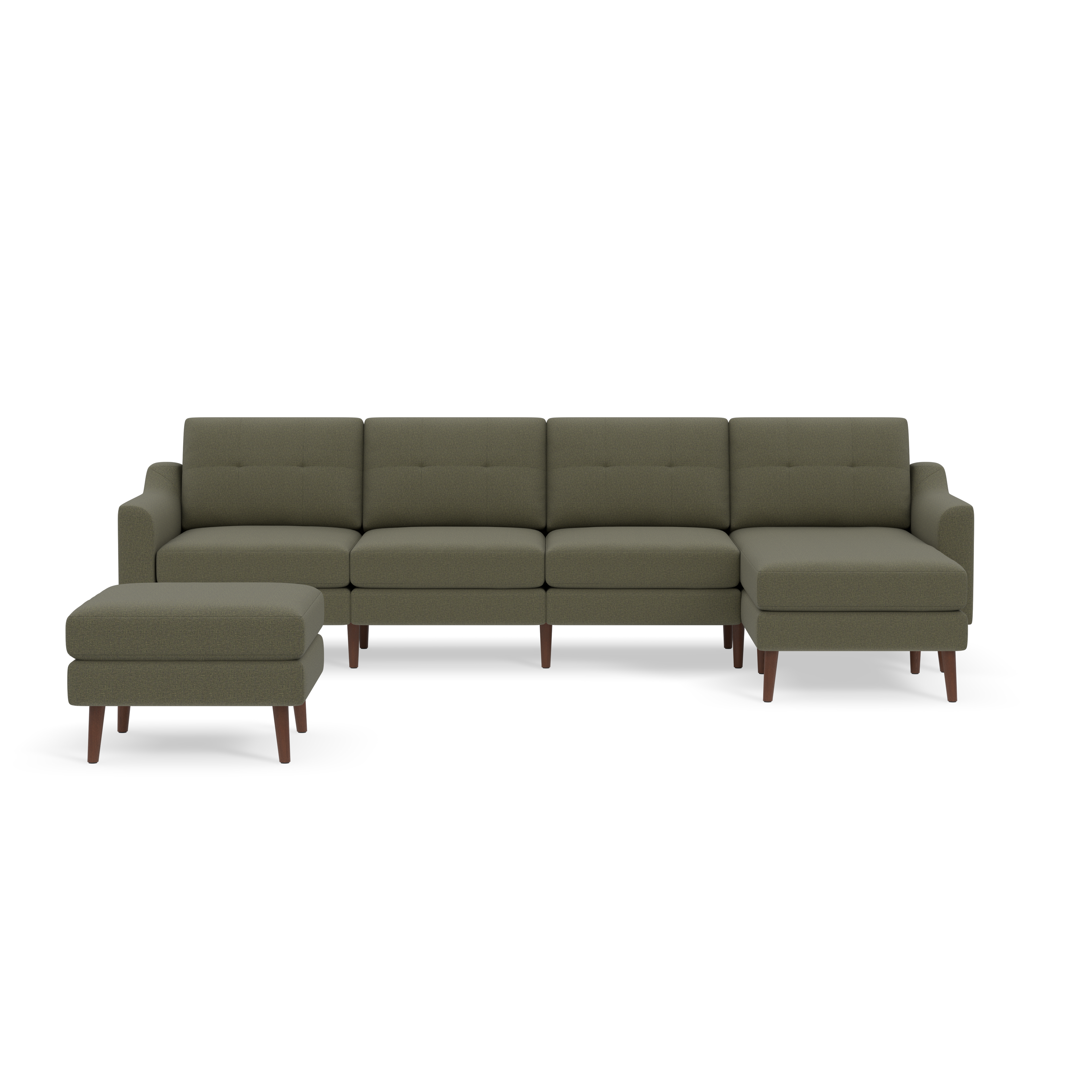 Moss green sectional sofa with four seats, tufted backrests, one armrest on each side, and a matching ottoman, all with wooden legs.