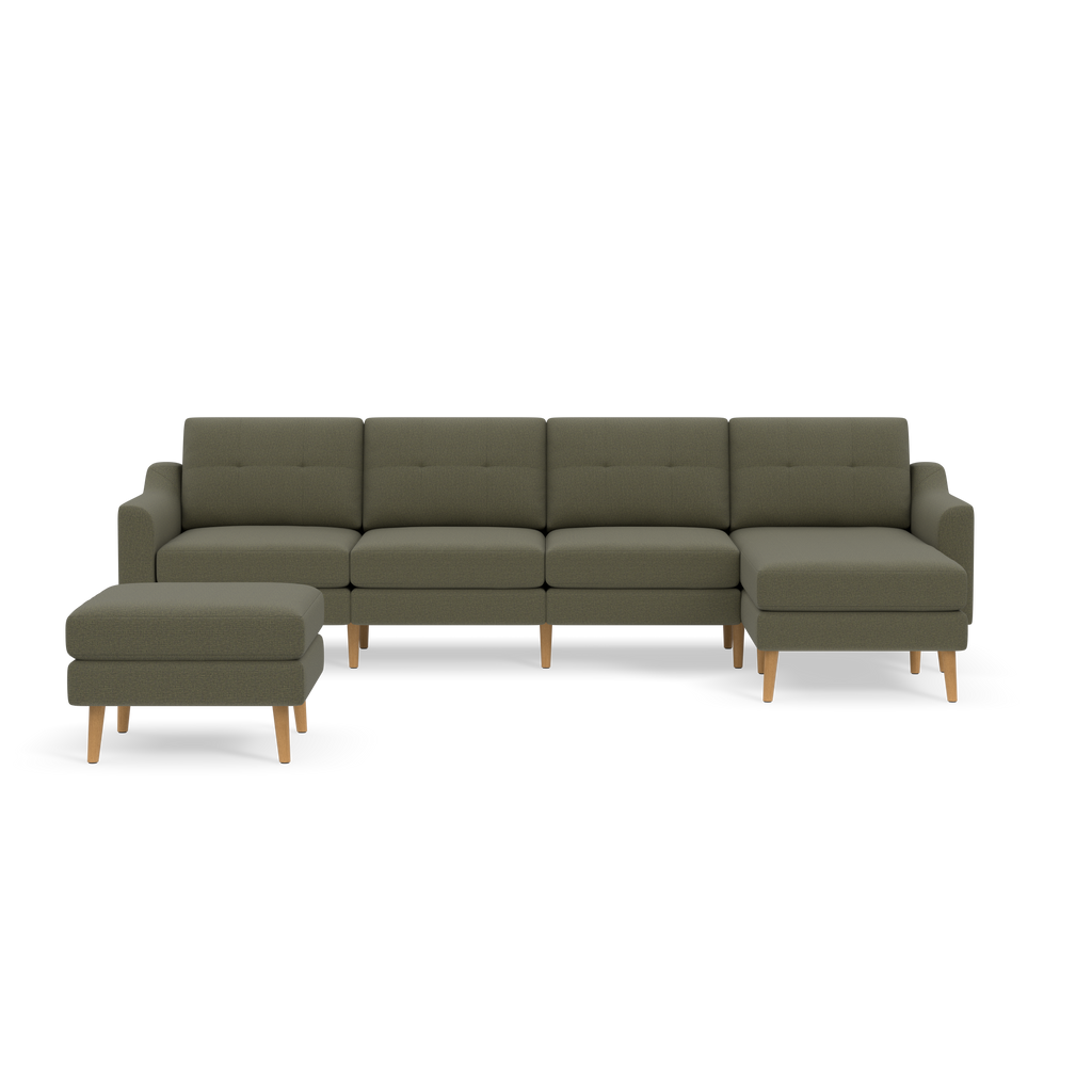 Modern Moss green sectional sofa with wooden legs and matching ottoman, featuring tufted cushions and padded armrests.