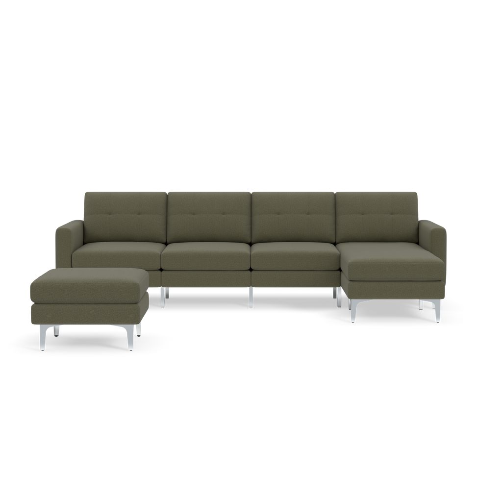 Modern Moss green sectional sofa with chaise lounge and detachable ottoman, supported by sleek silver metal legs.