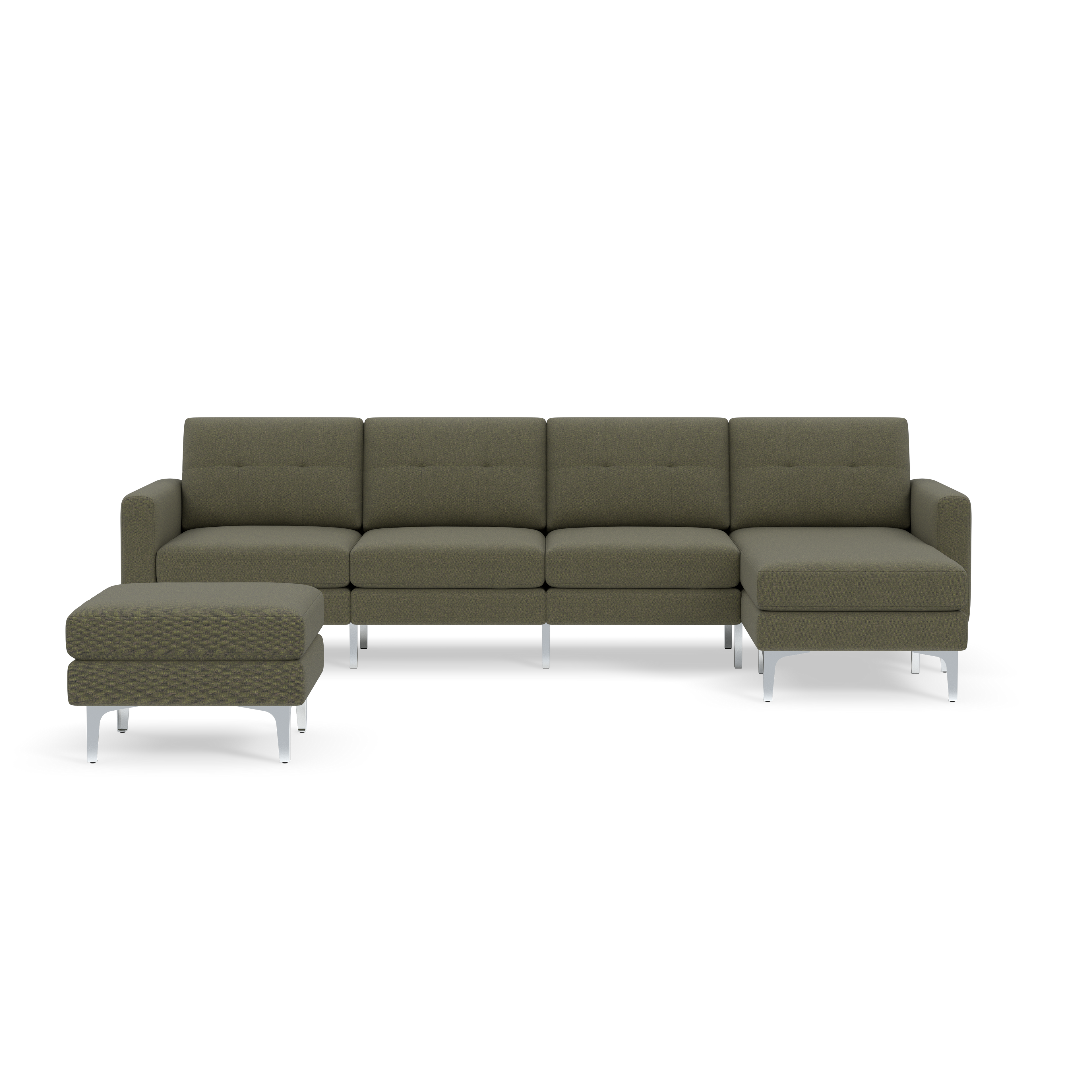 Modern Moss green sectional sofa with chaise lounge and detachable ottoman, supported by sleek silver metal legs.