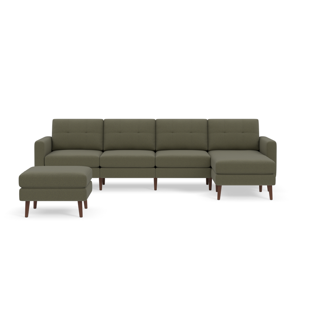 Modern Moss green sectional sofa with four tufted back cushions and matching ottoman, supported by wooden legs.