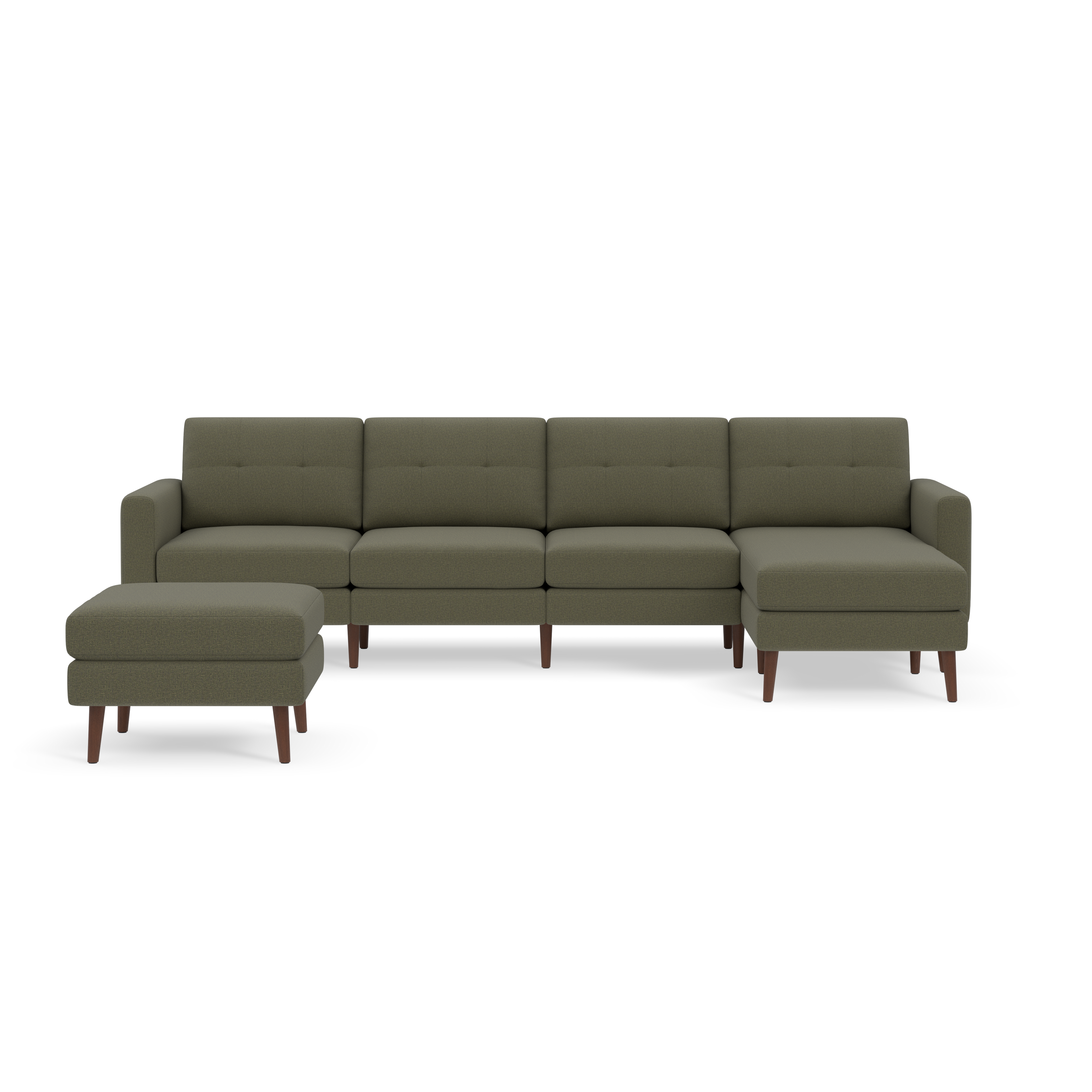 Modern Moss green sectional sofa with four tufted back cushions and matching ottoman, supported by wooden legs.