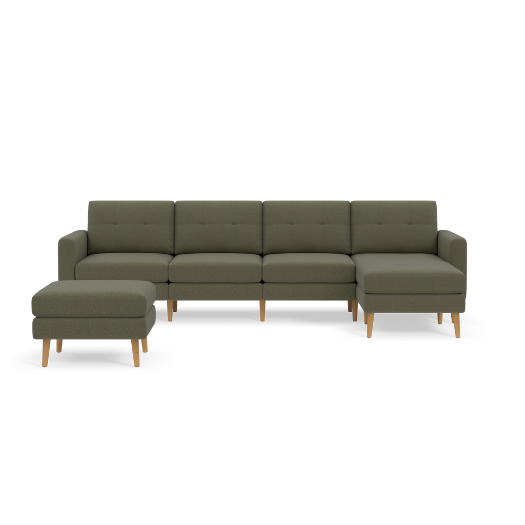 Moss green sectional sofa with wooden legs, featuring four seats and a separate matching ottoman, modern and minimalist design.
