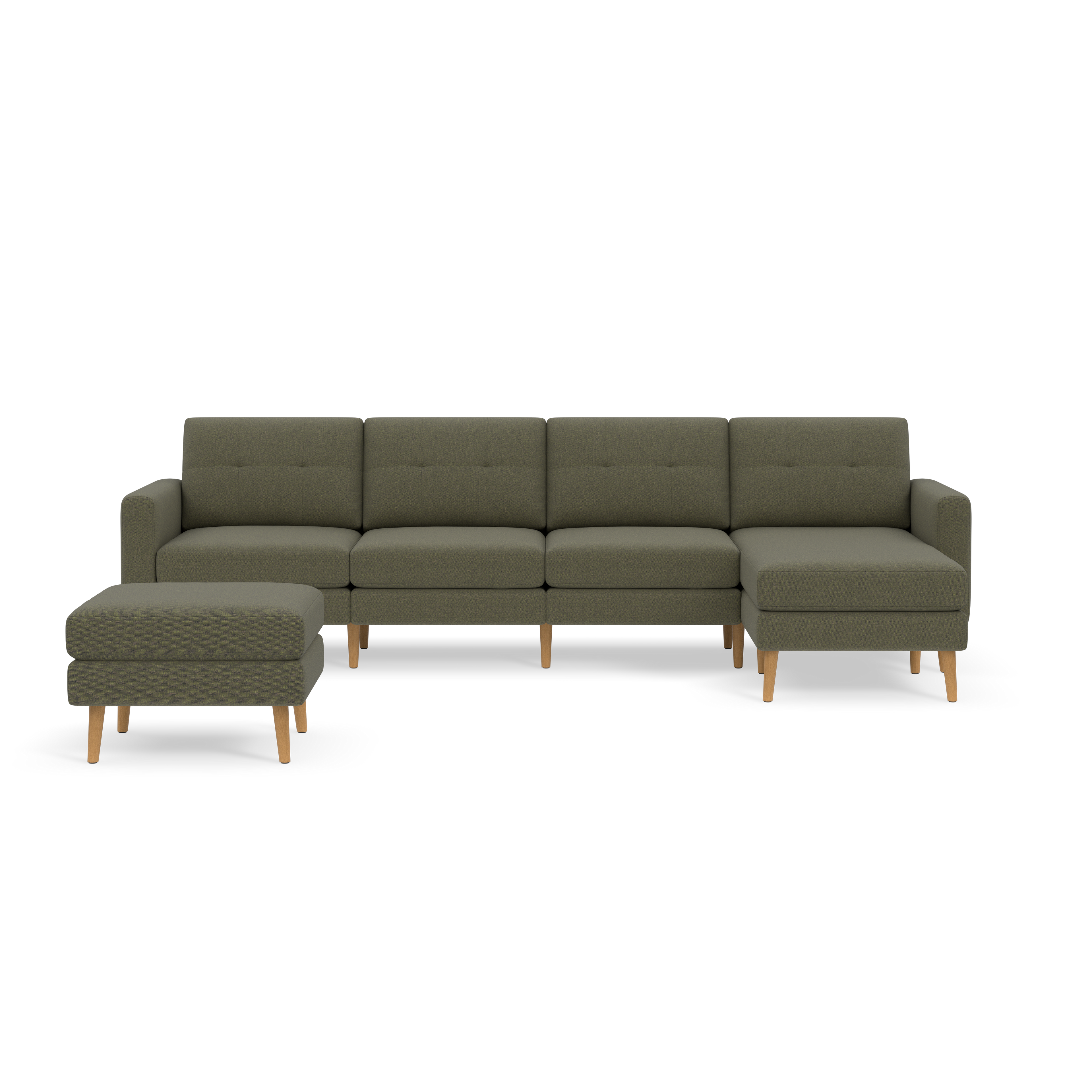 Moss green sectional sofa with wooden legs, featuring four seats and a separate matching ottoman, modern and minimalist design.