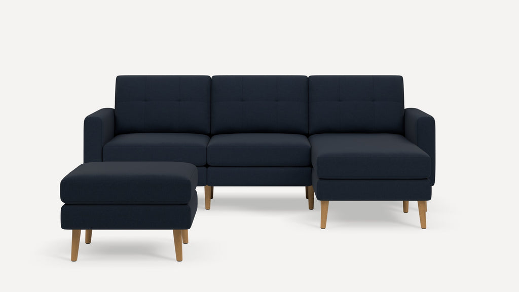 Nomad Plus Sofa Sectional with Ottoman - Navy Blue - Performance Flatweave / Oak - Wood / Block Arm