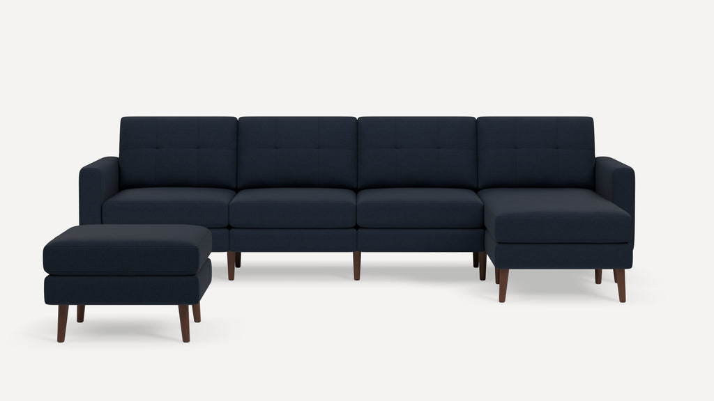 Nomad Plus King Sectional with Ottoman - Navy Blue - Performance Flatweave / Walnut - Wood / Block Arm