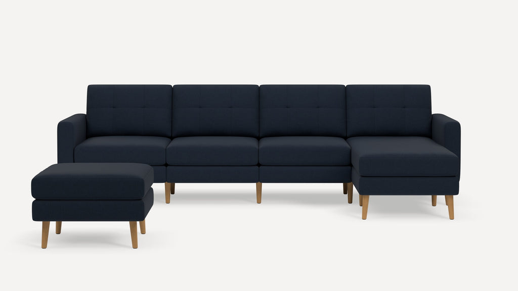 Nomad Plus King Sectional with Ottoman - Navy Blue - Performance Flatweave / Oak - Wood / Block Arm