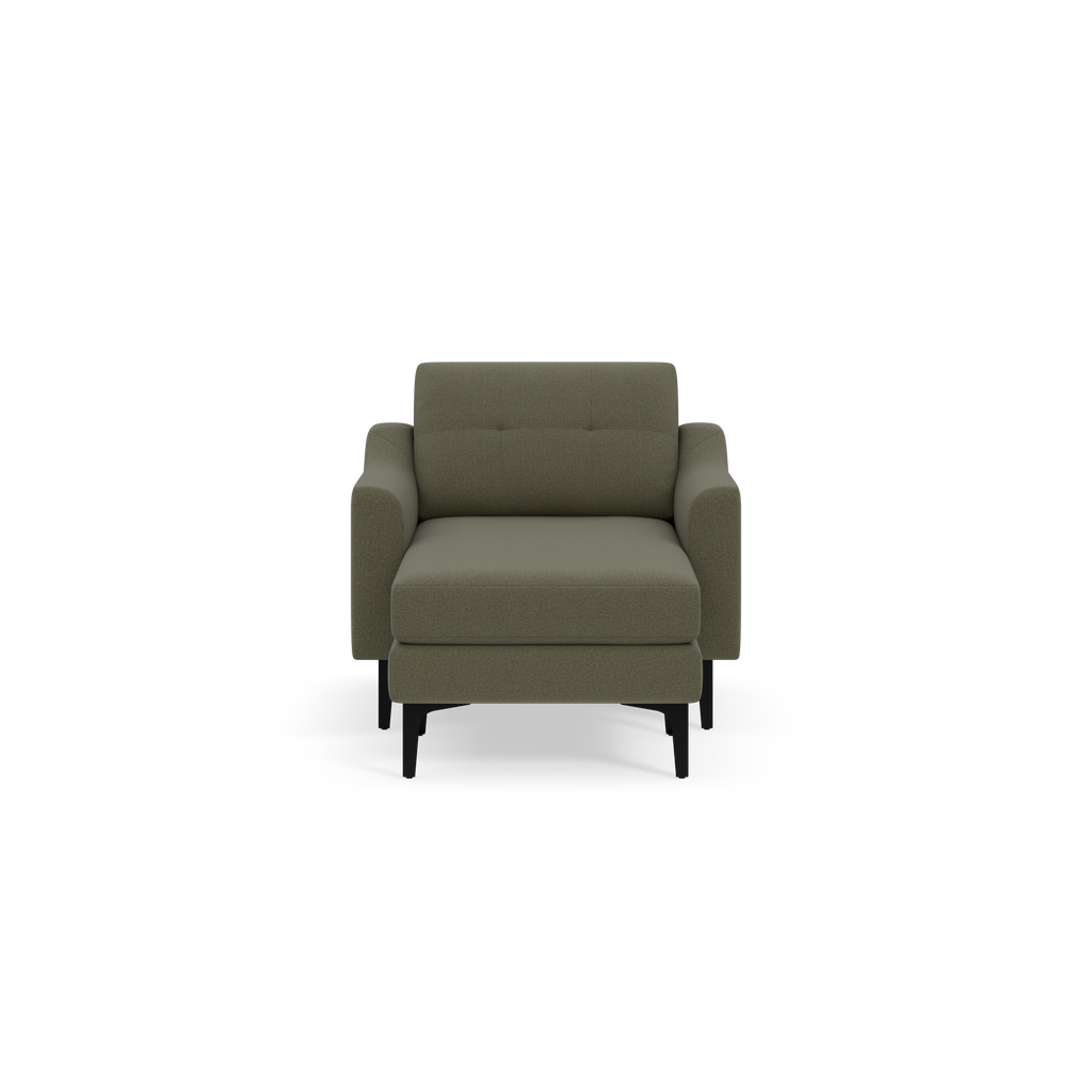 Front view of a modern Moss green upholstered armchair with cushioned seat, backrest, and black legs on black background.