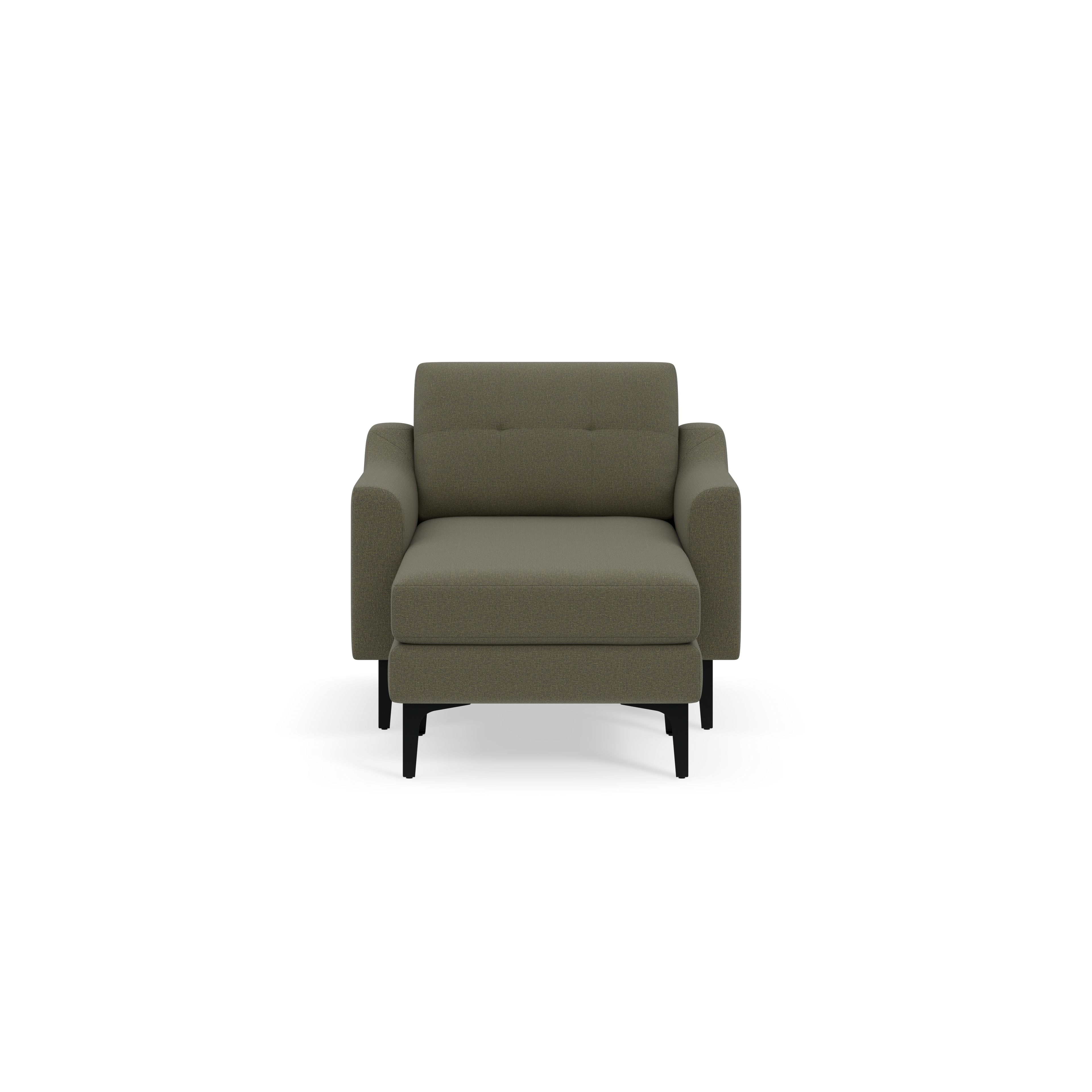 Front view of a modern Moss green upholstered armchair with cushioned seat, backrest, and black legs on black background.