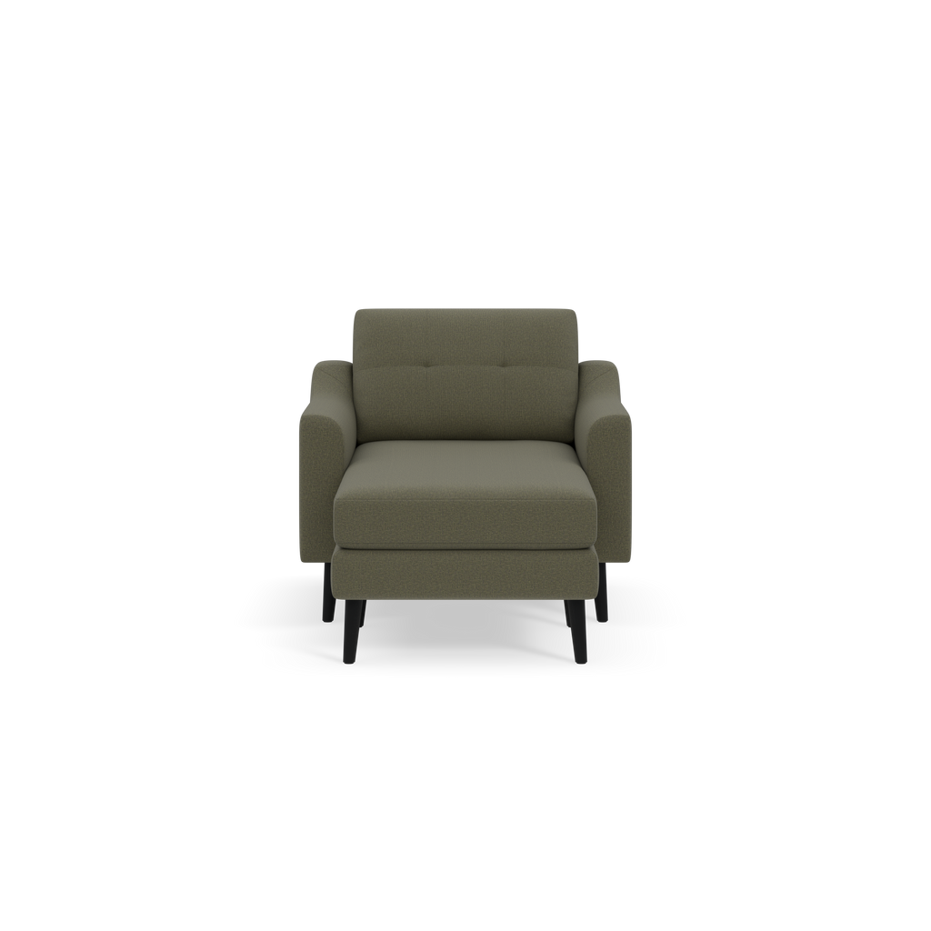 Front view of a modern Moss green upholstered armchair with tufted backrest and black angled wooden legs.