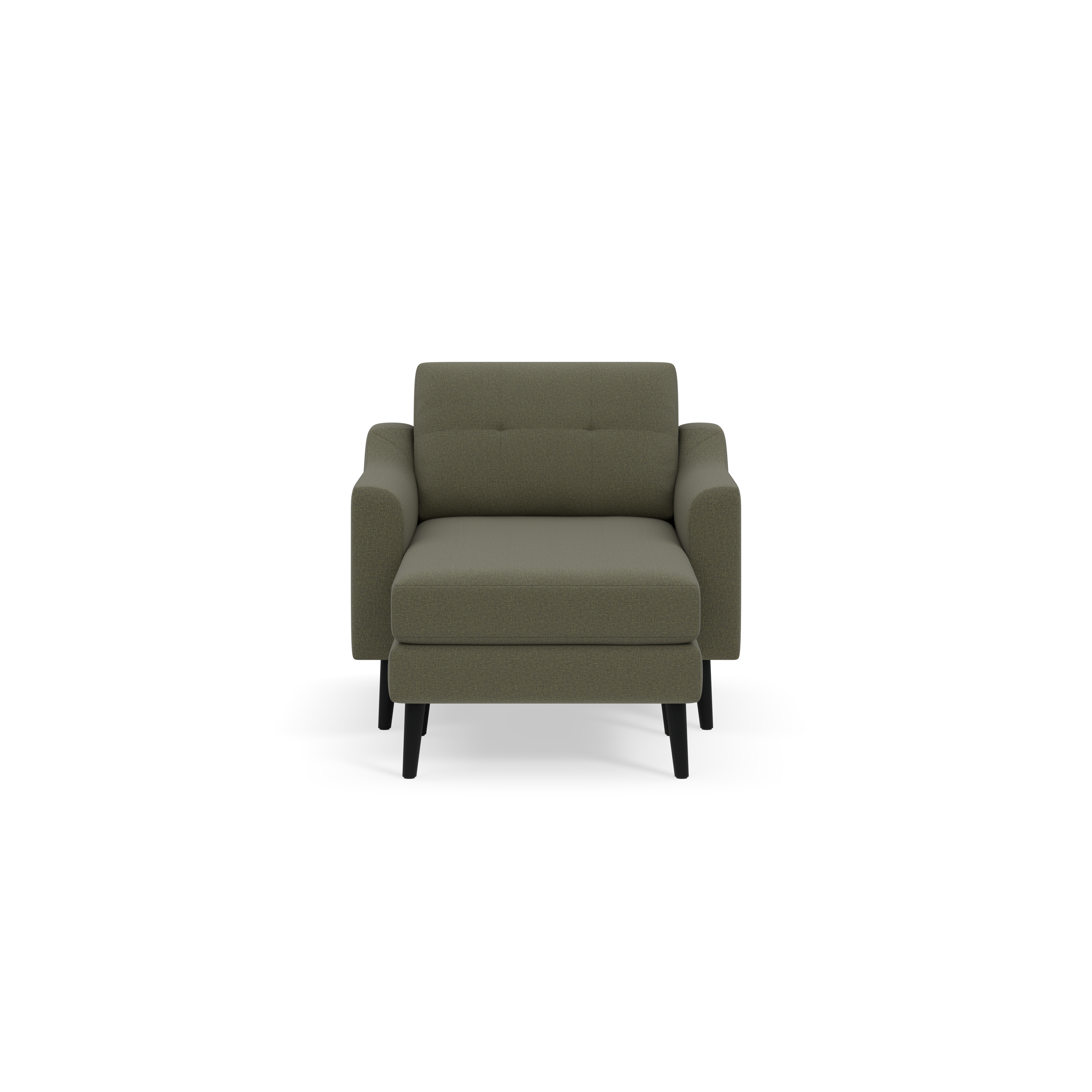 Front view of a modern Moss green upholstered armchair with tufted backrest and black angled wooden legs.