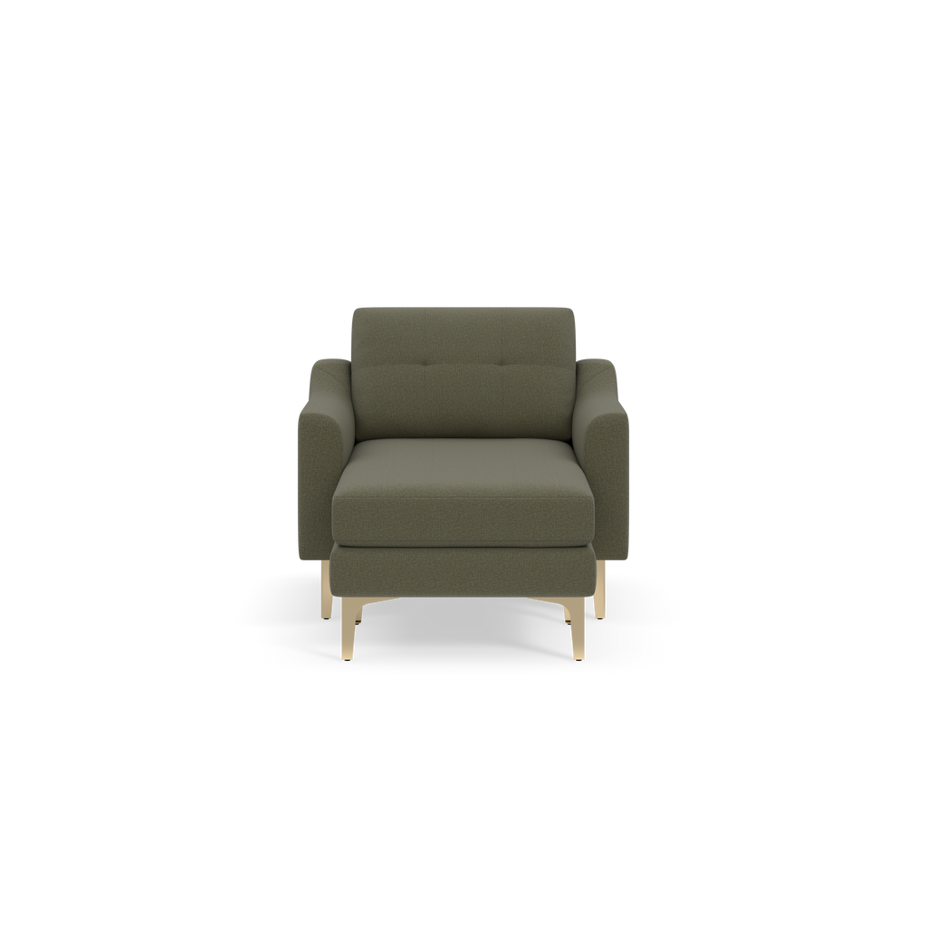 Front view of a modern Moss green armchair with soft fabric upholstery and light wooden legs on black background.
